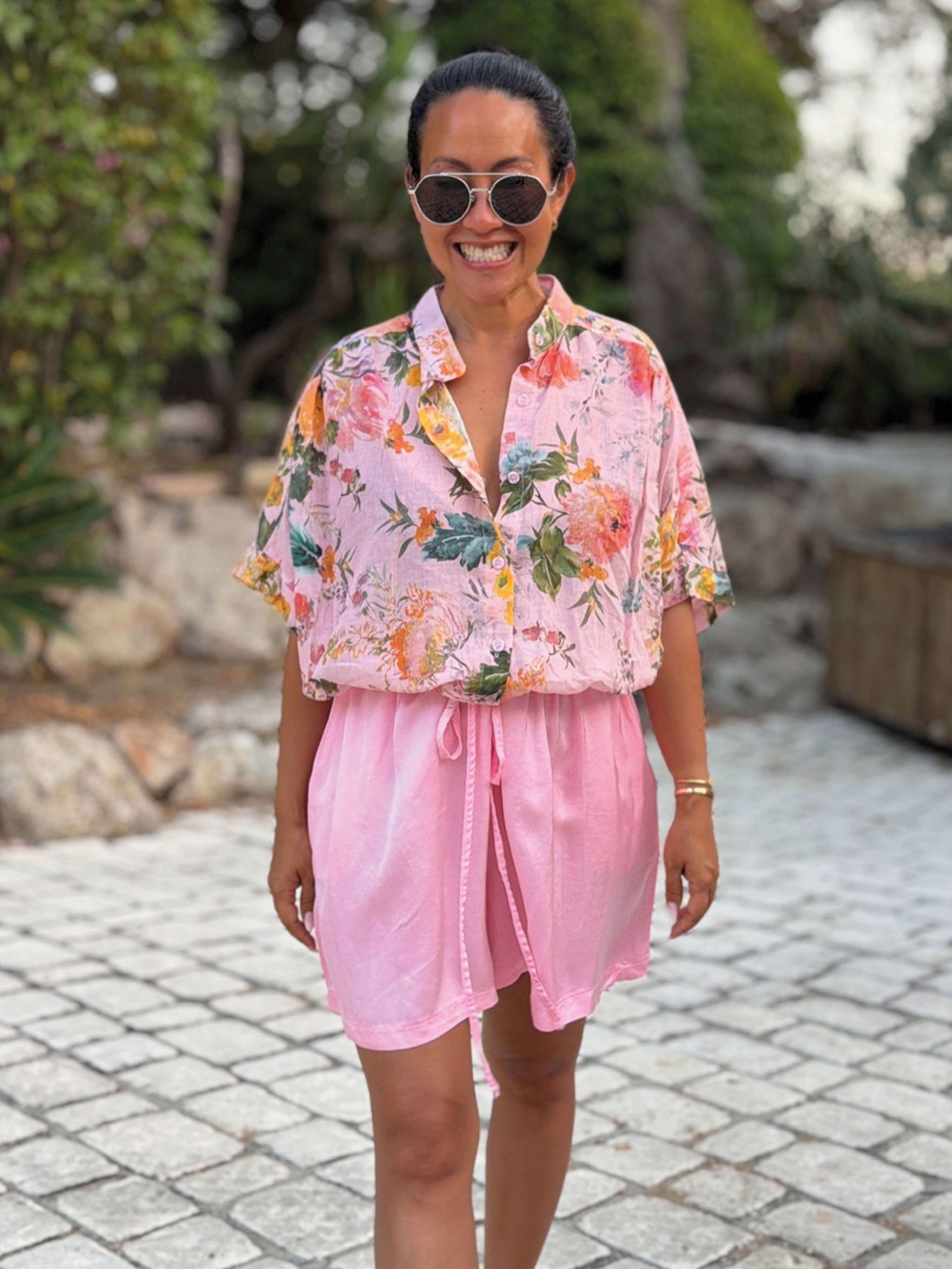 Cotton Oversize Kurzarm Bluse Midi - POETRY BLOOM - Blossom