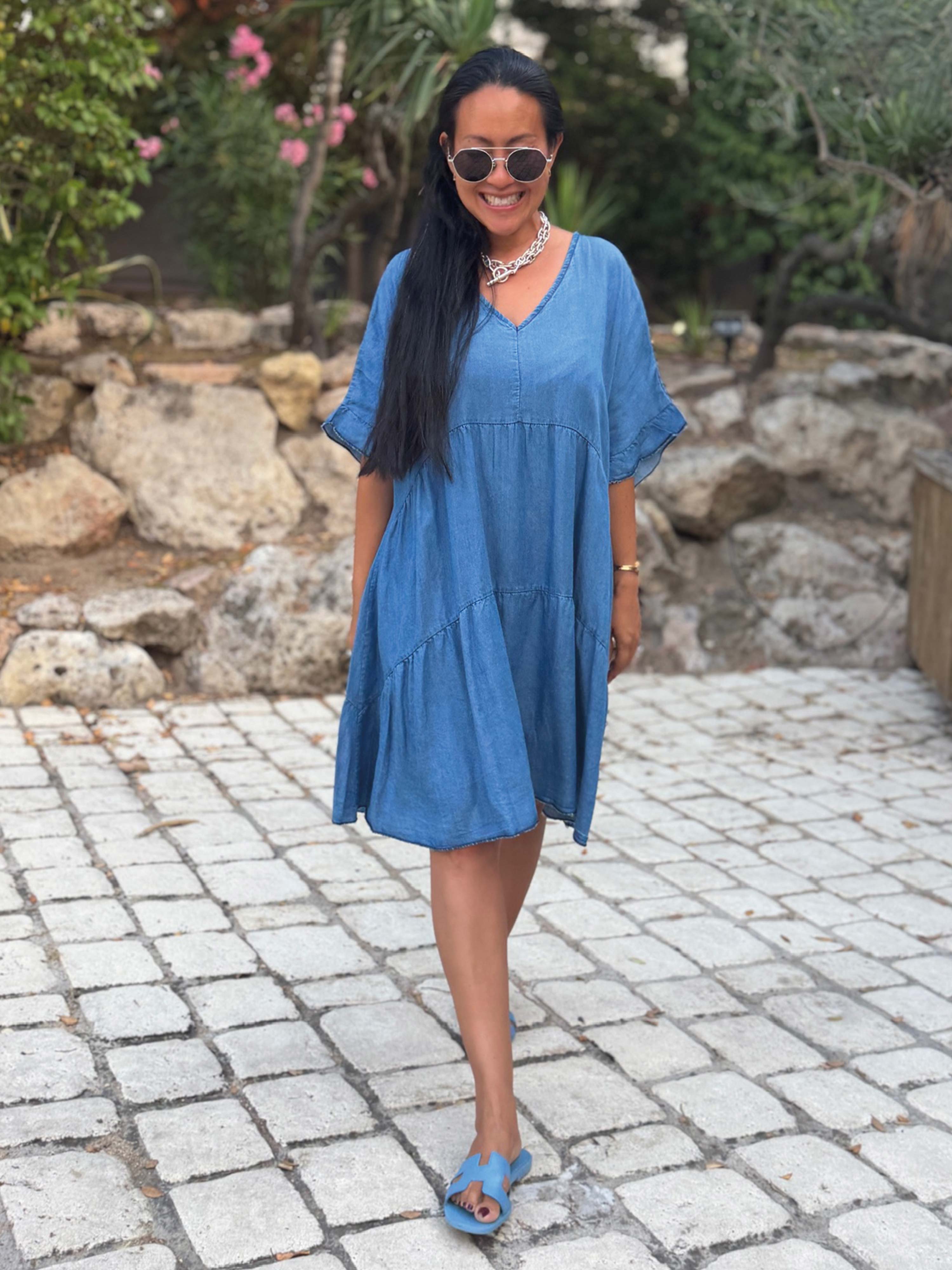 Leichte Lyocell Tunika Midi mit V-Ausschnitt - Medium Blue