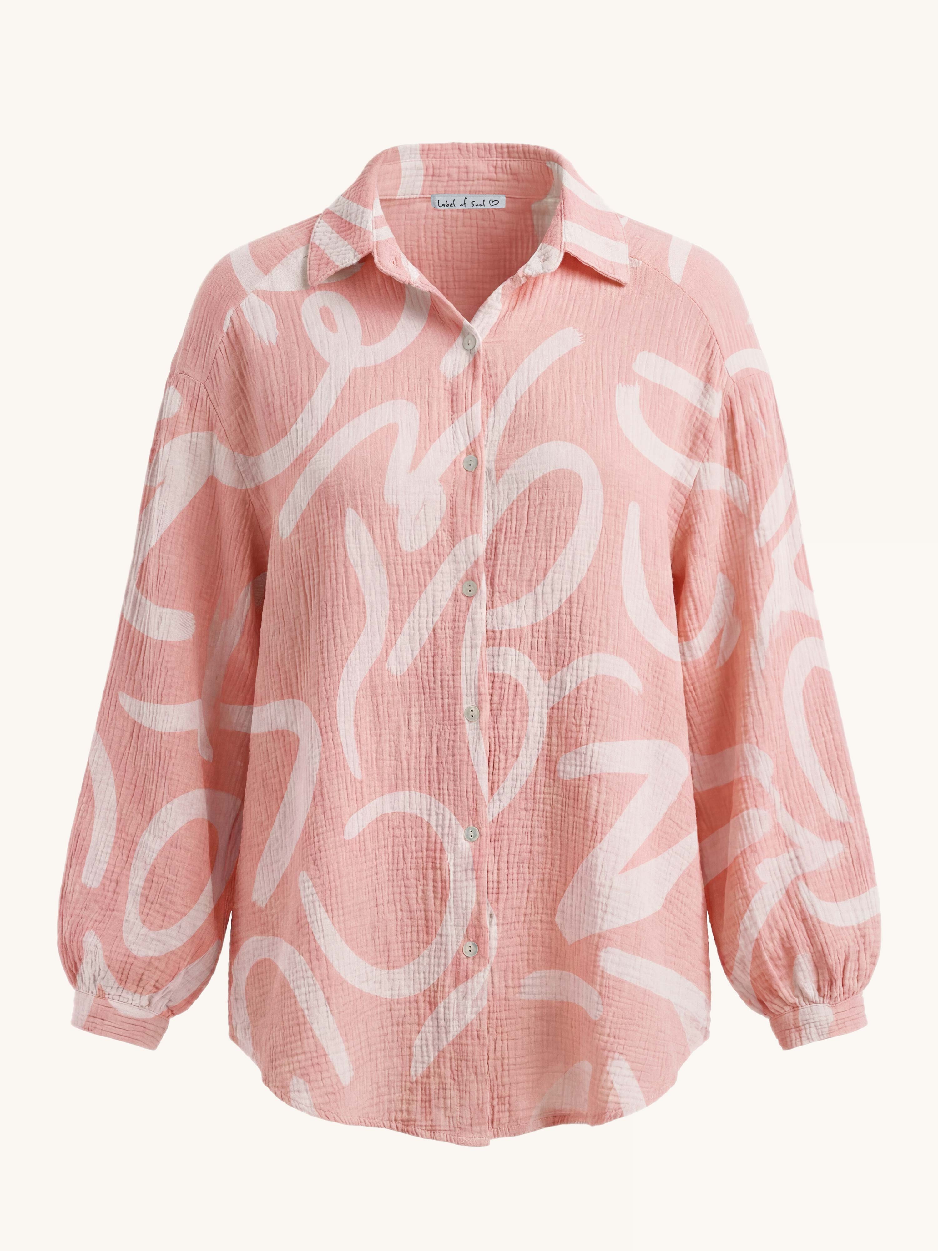 Musselin Midi Oversize Bluse - ABSTRACT - Flamingo