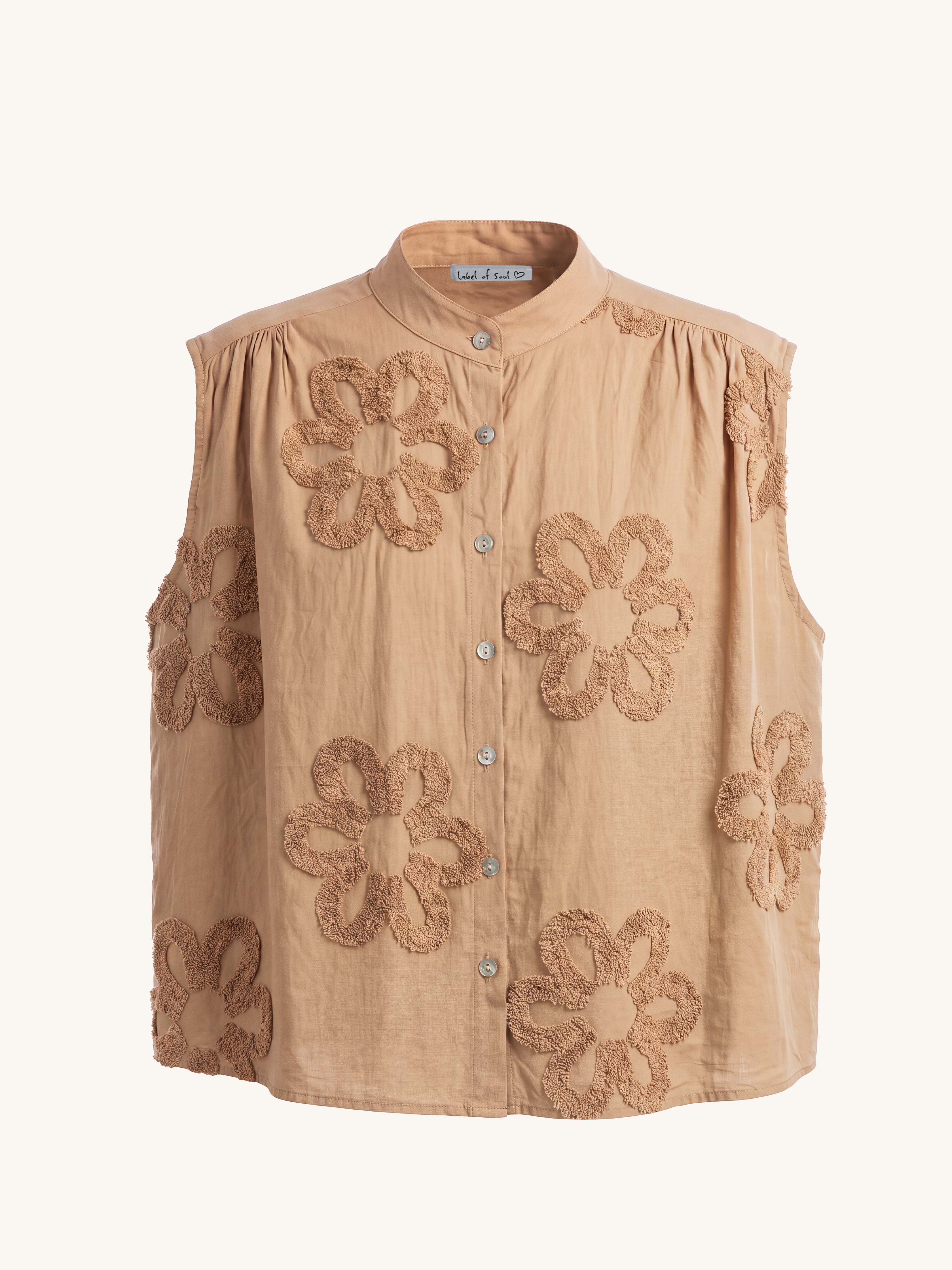 Ärmellose Cotton  Bluse mit Blumenmuster - Camel