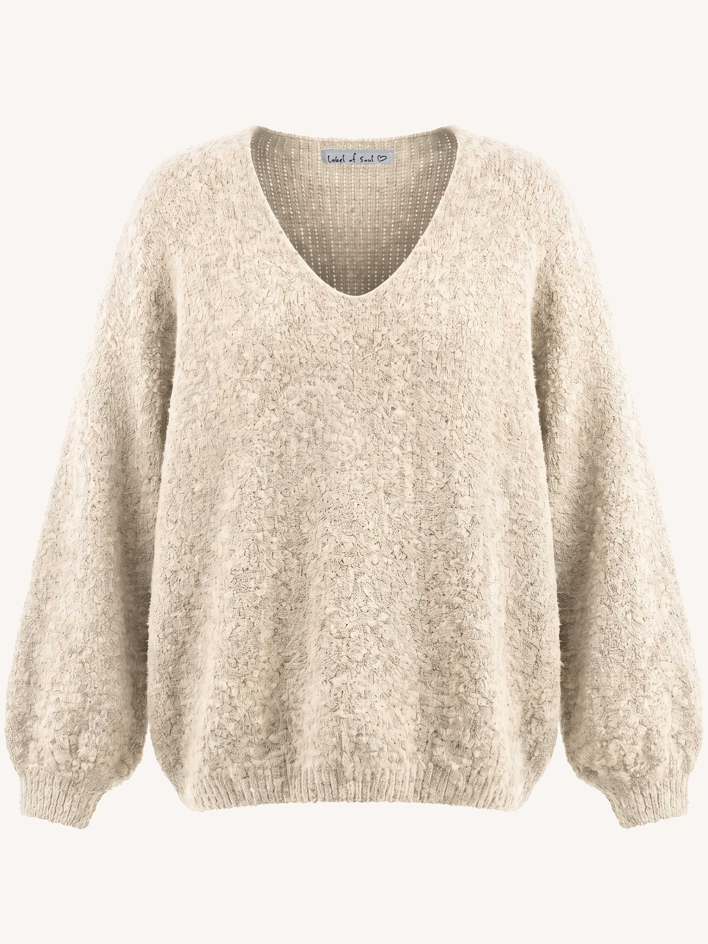 Oversize V-Ausschnitt Bouclé Strickpullover - Oatmeal