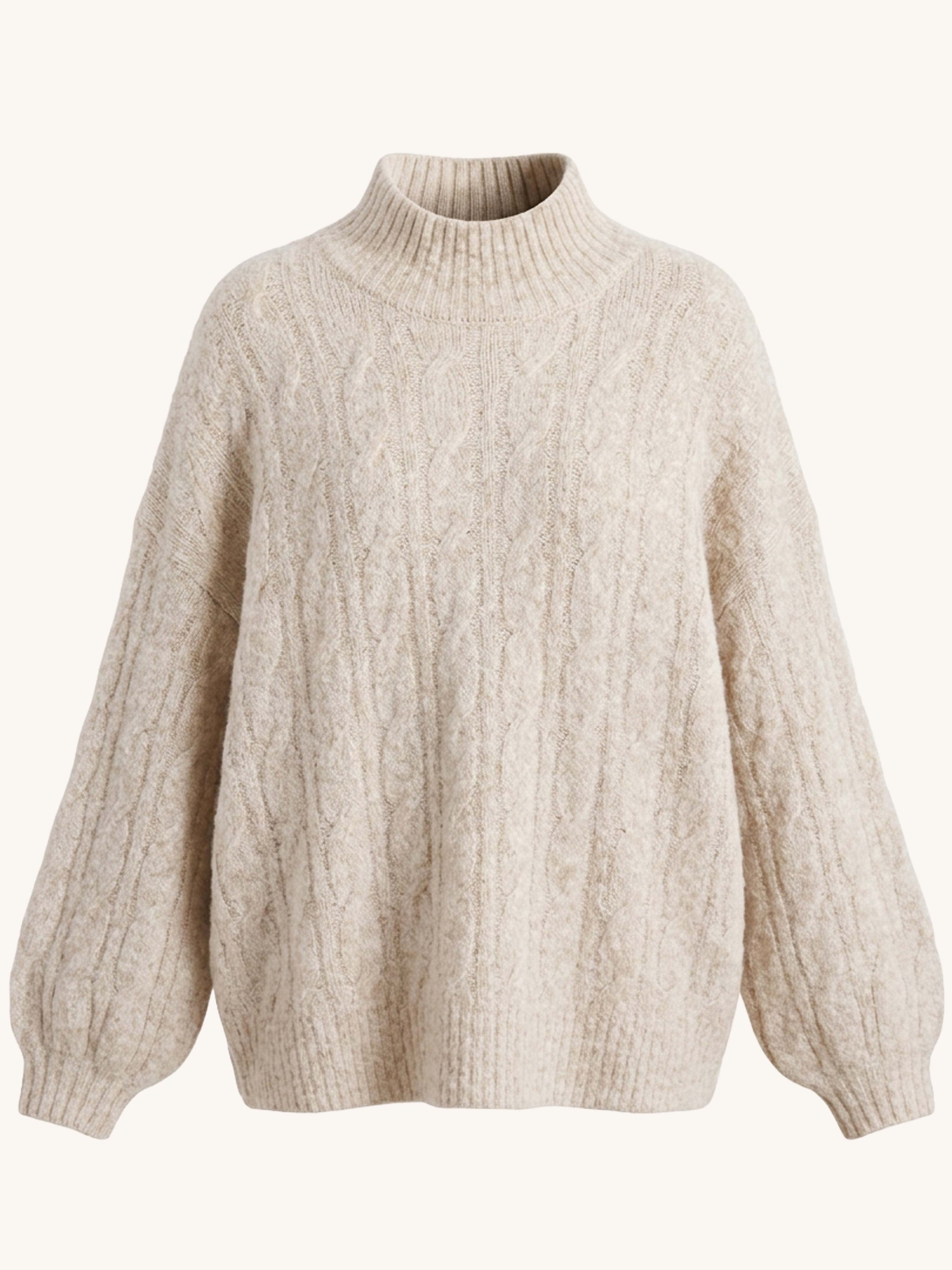 Soft Alpaka Oversize Zopf-Strickpullover mit Stehkragen - Oatmeal