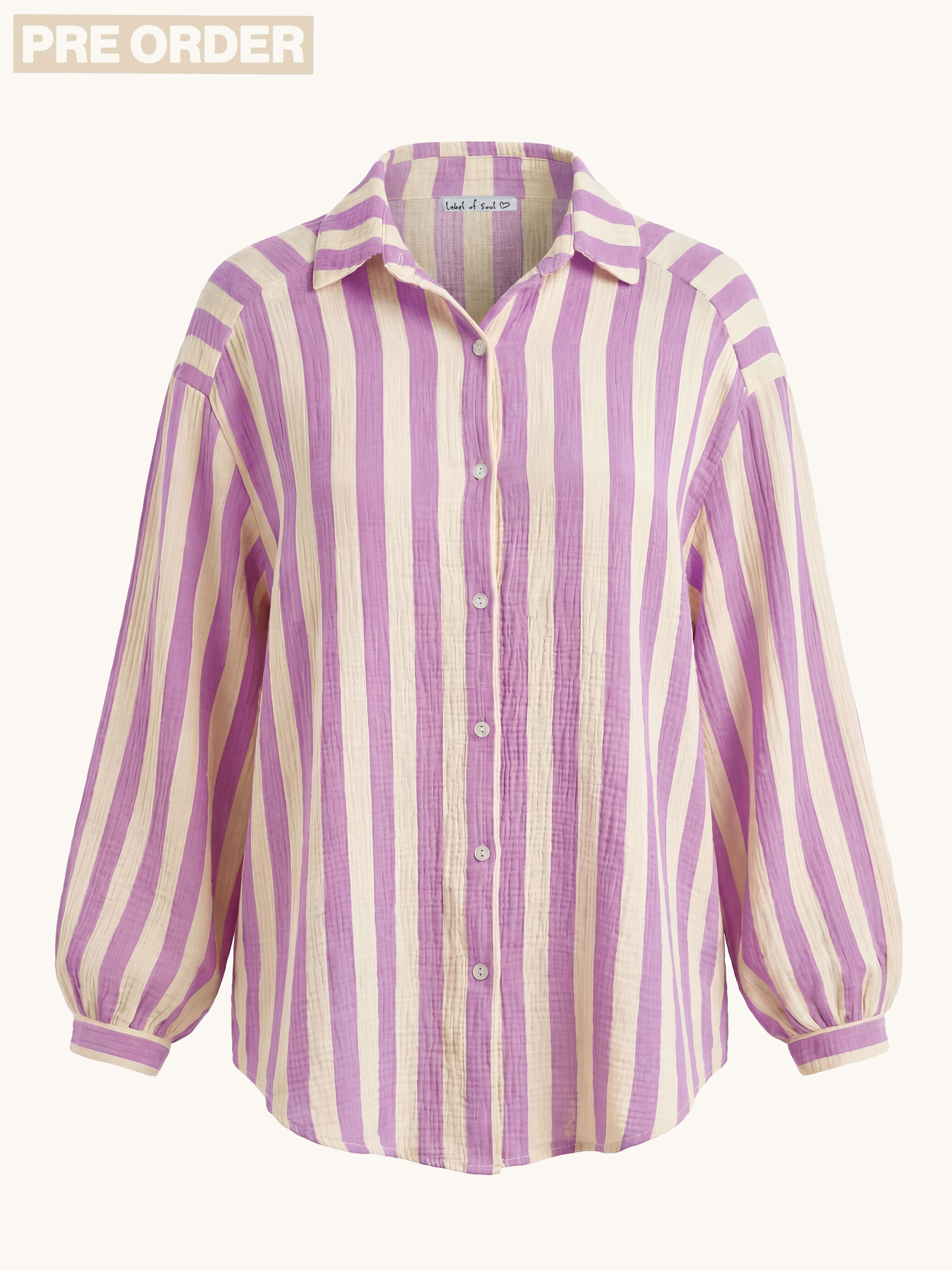 PRE-ORDER: Musselin Midi Oversize Bluse - BIG STRIPES - Flieder/Butter