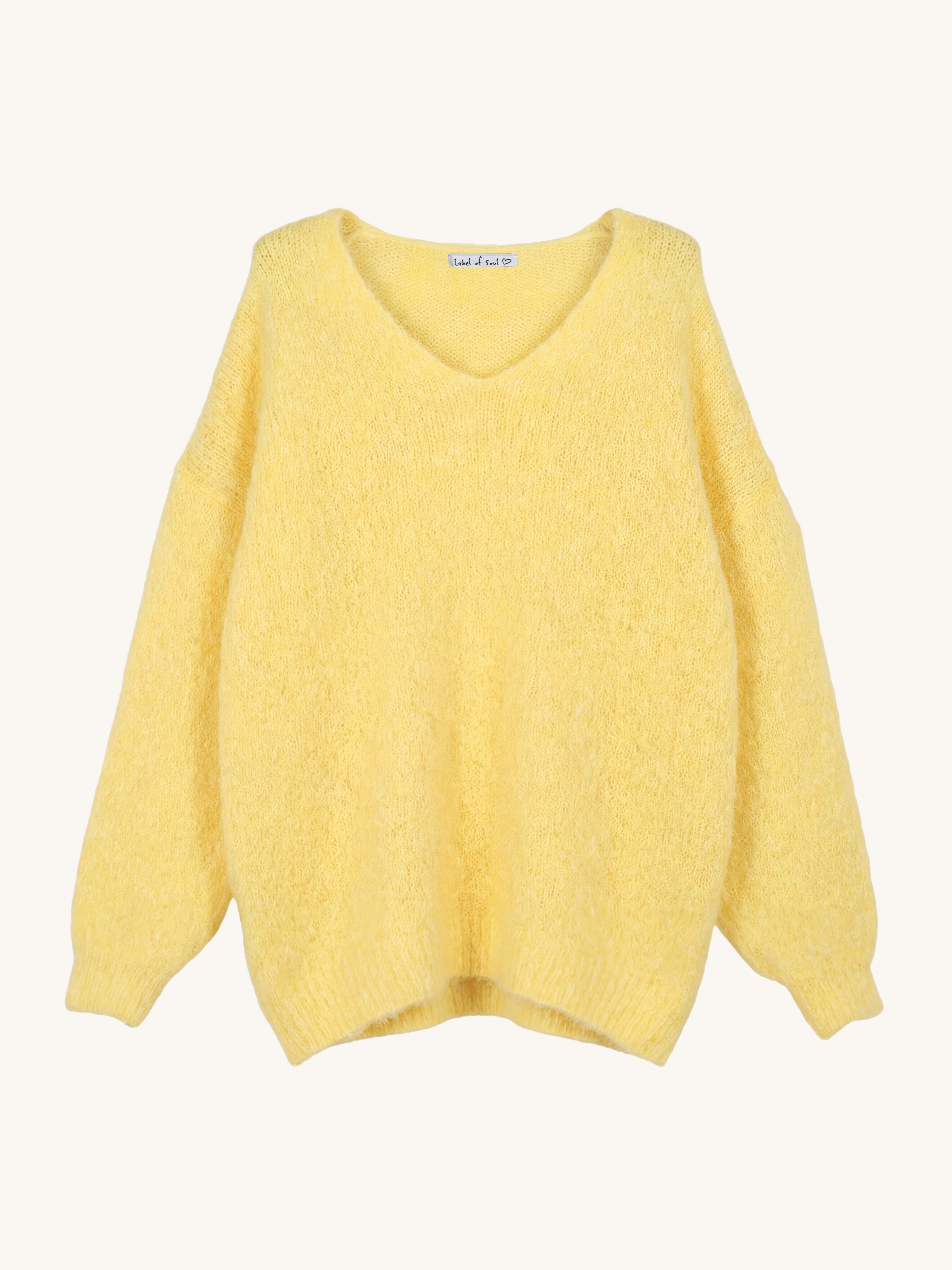 Oversize V-Ausschnitt Strickpullover mit Alpakawollanteil - Gelb