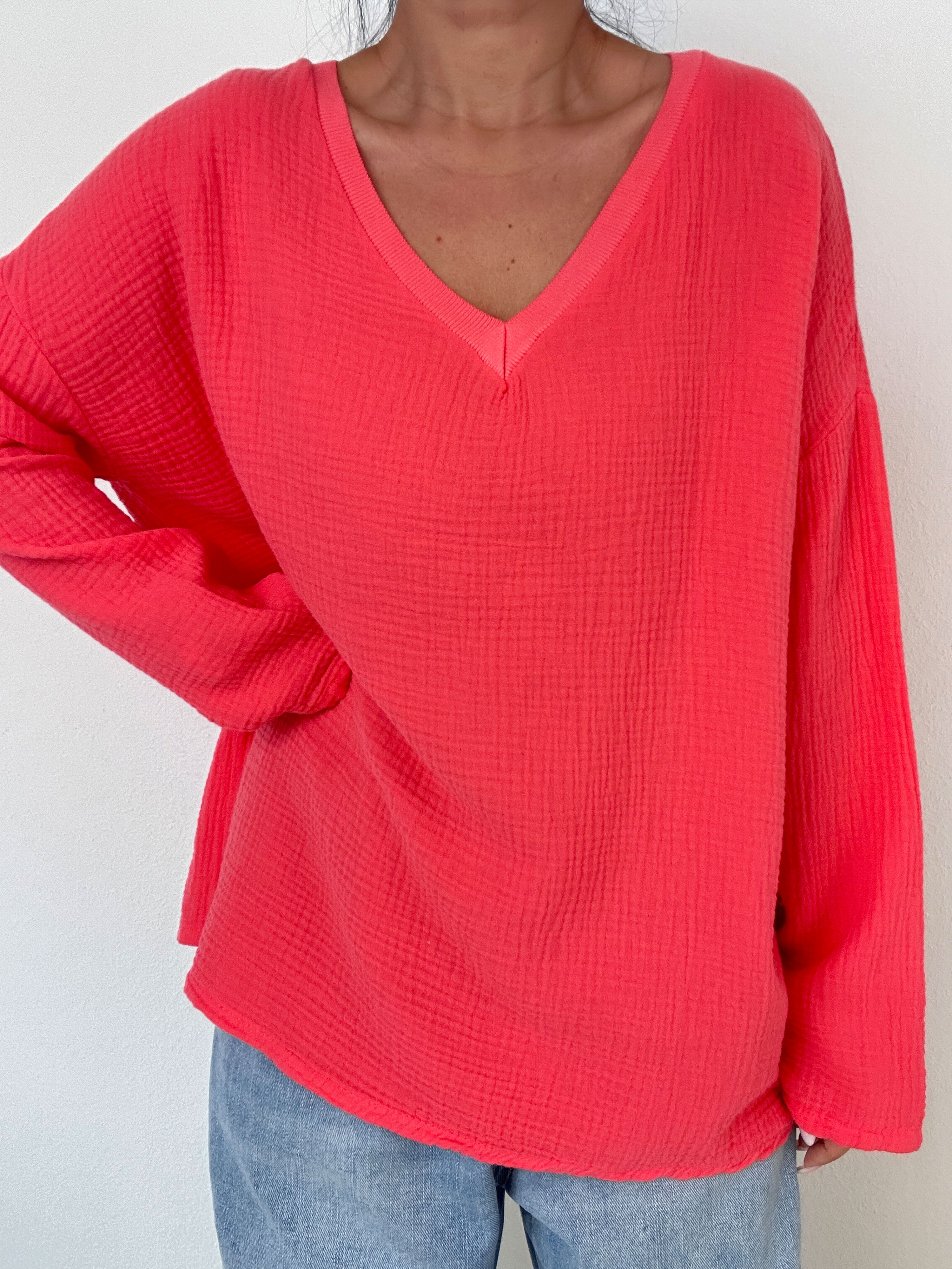 Musselin Sweatshirt mit V-Ausschnitt - Koralle Musselin Sweatshirt mit V-Ausschnitt - Koralle
