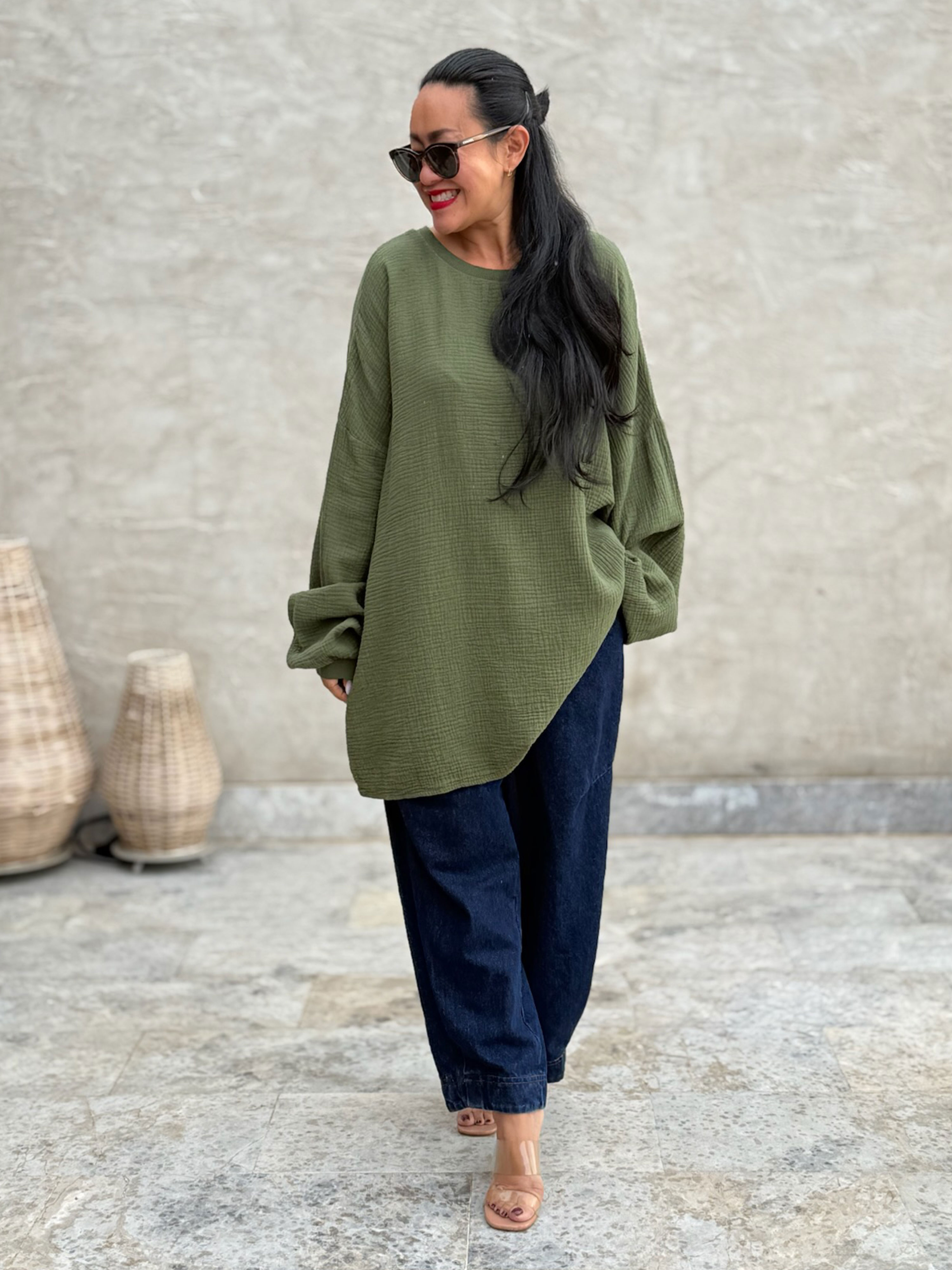 Musselin Oversize Sweatshirt - Olive