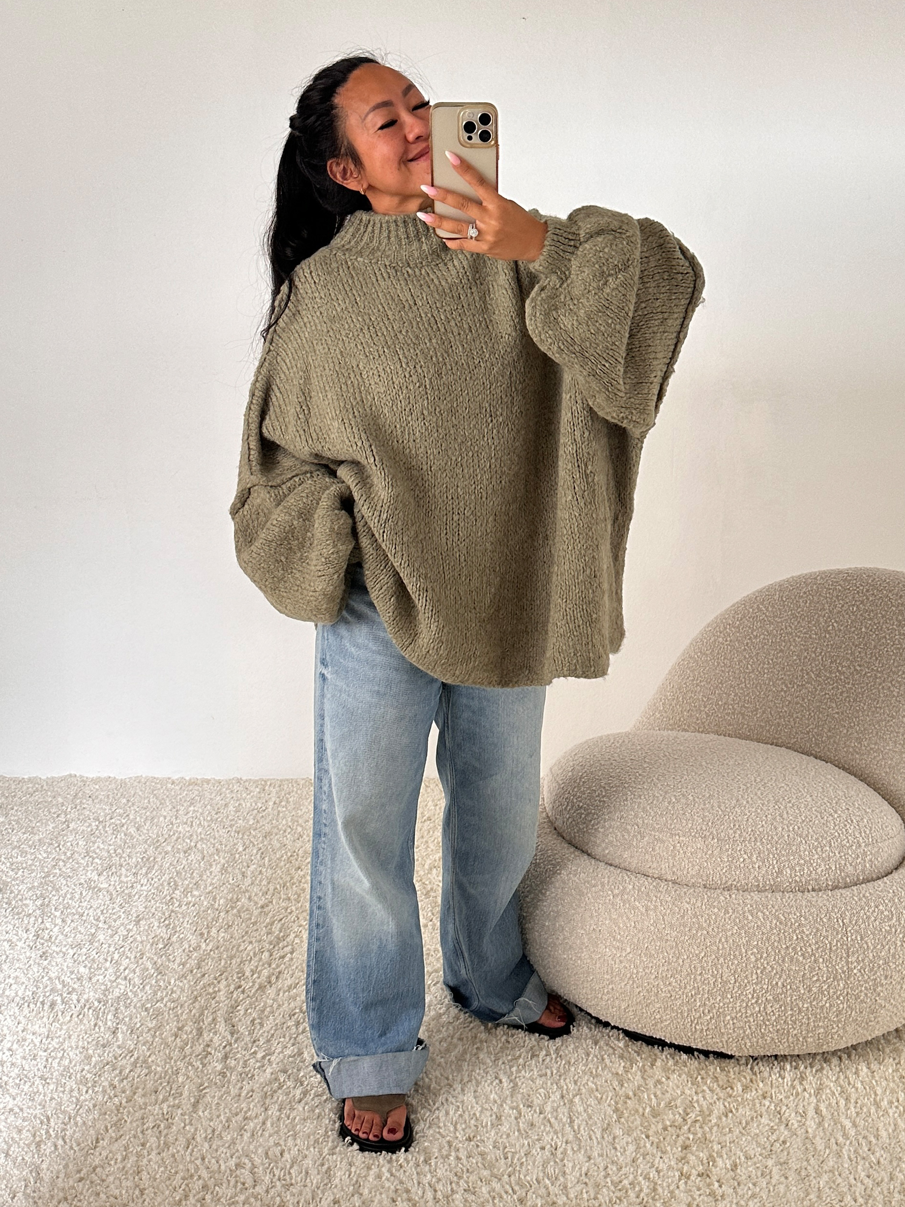 M1040-Matcha-Neu Oversize Strickpullover mit Stehkragen FLAUSCHI - REGULAR - Matcha