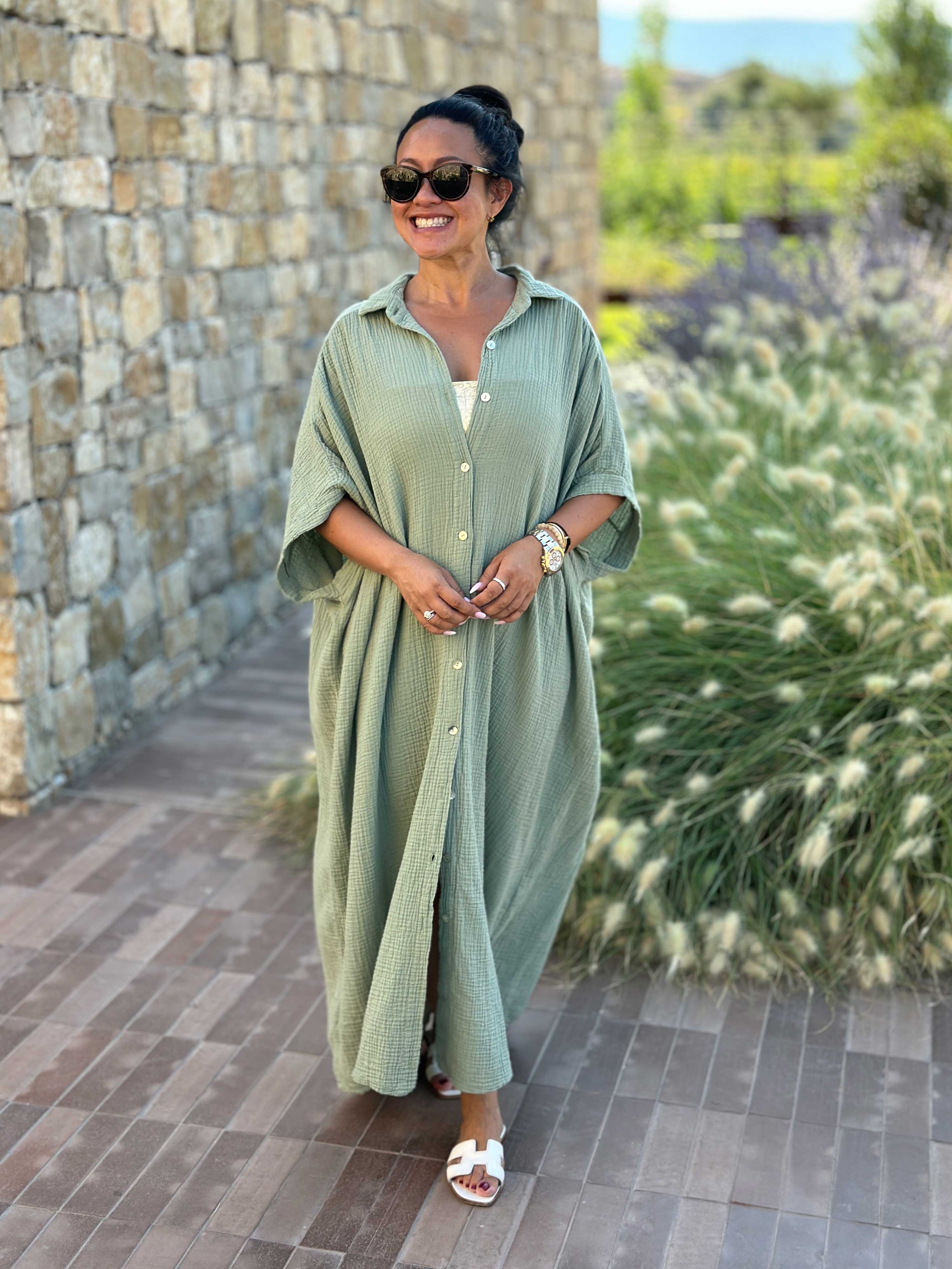 Musselin Oversize Kurzarm Blusenkleid - CAPRI - Matcha