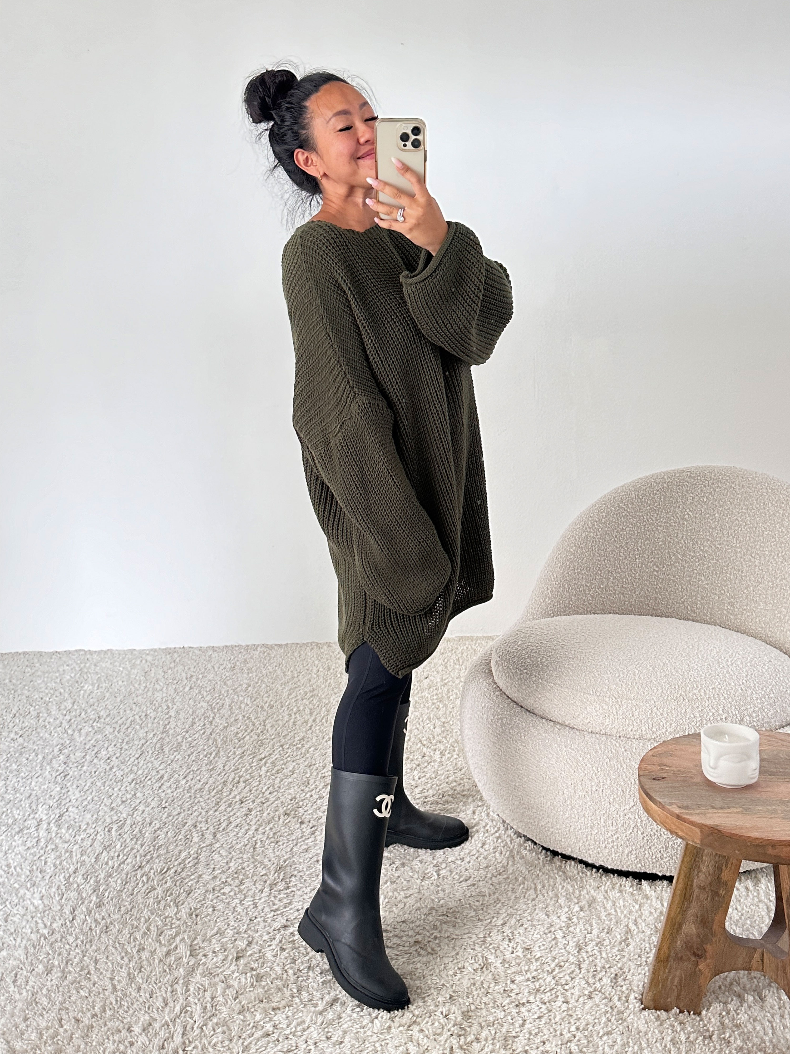 Schwerstrickpullover mit Seitenschlitz - Olive Schwerstrickpullover mit Seitenschlitz - Olive