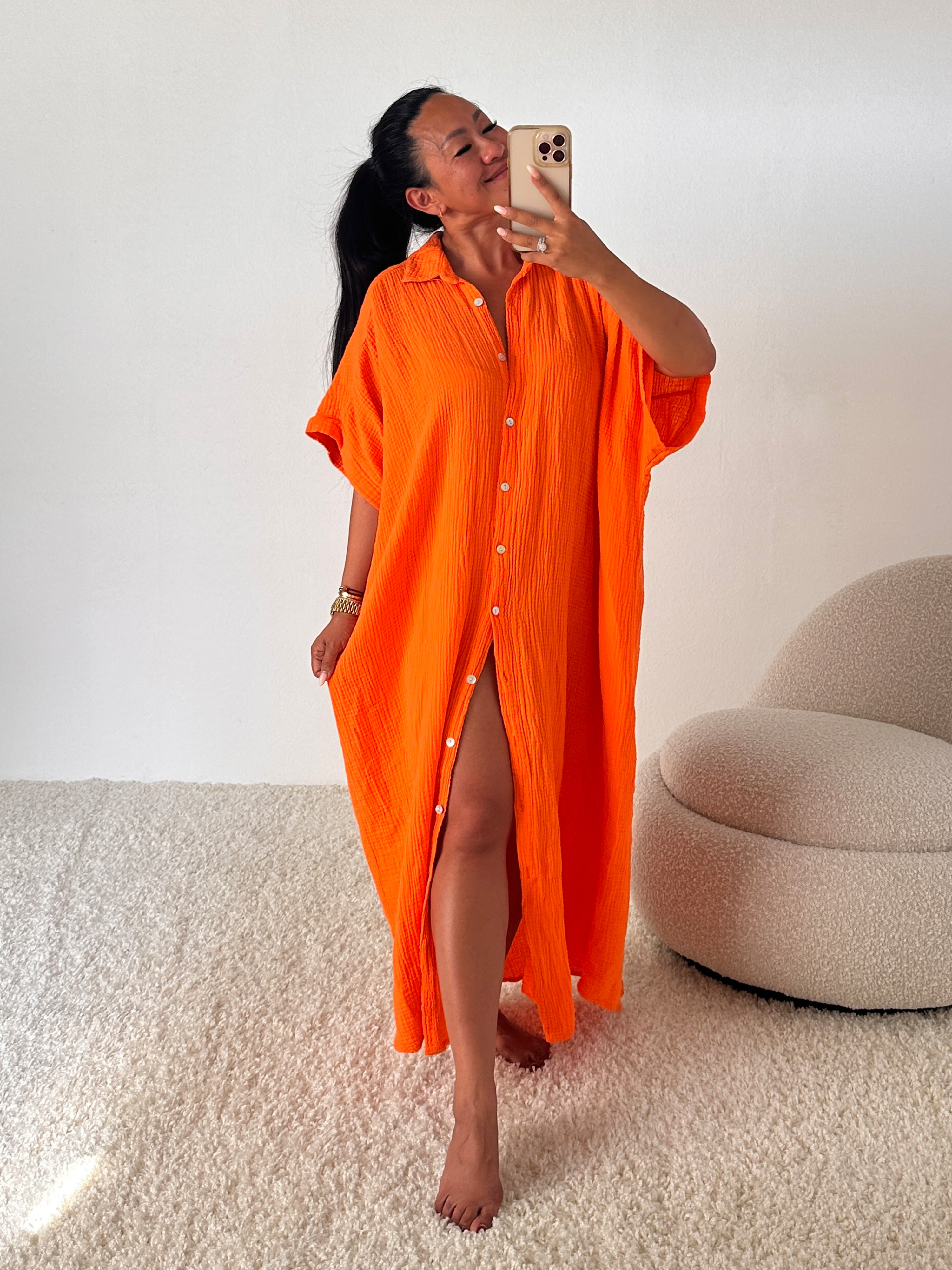 Musselin Oversize Kurzarm Blusenkleid - Milano - Sunset Orange