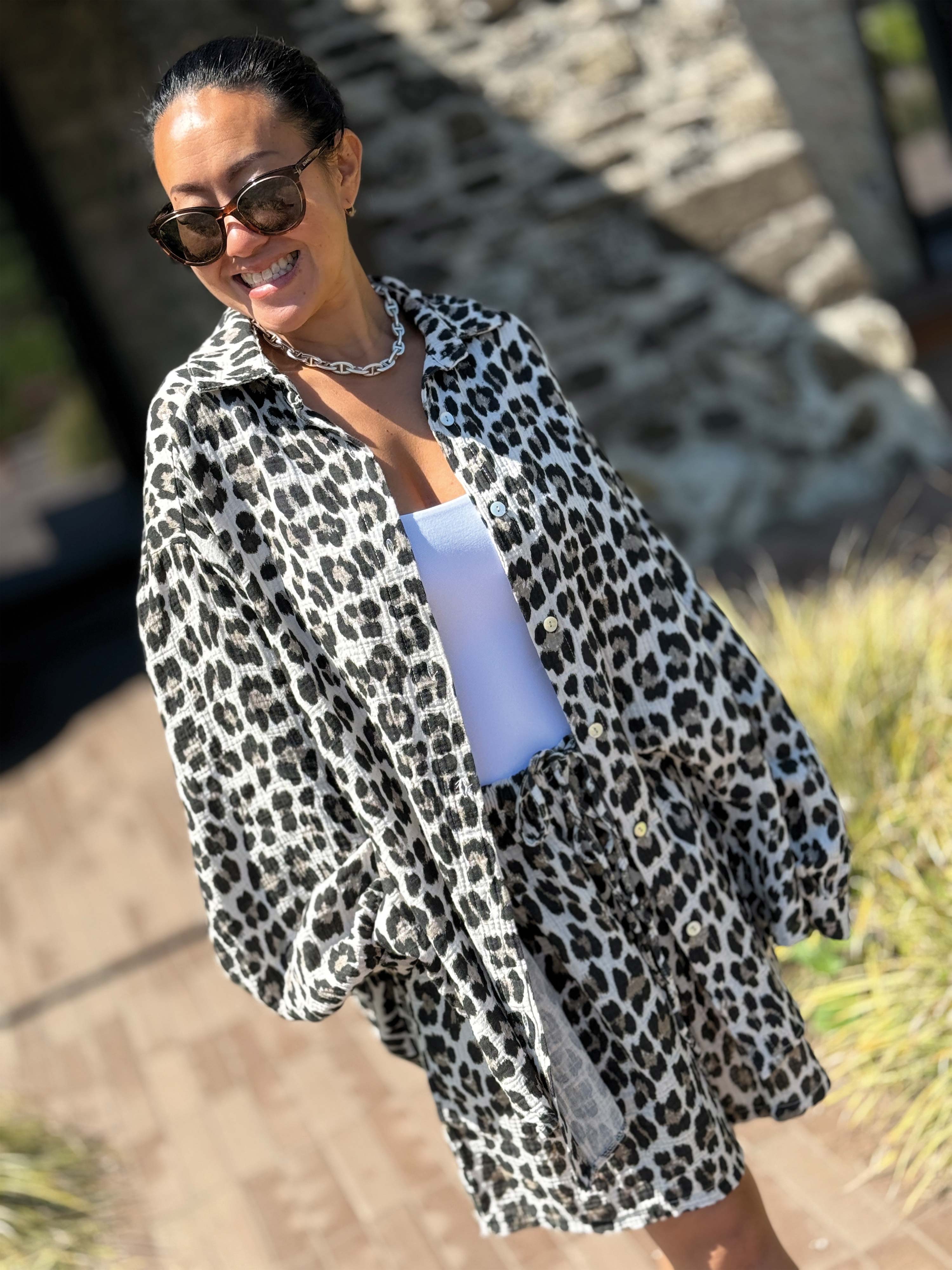 Musselin Midi Oversize Bluse - LEOPARD - Beige Musselin Midi Oversize Bluse - LEOPARD - Beige