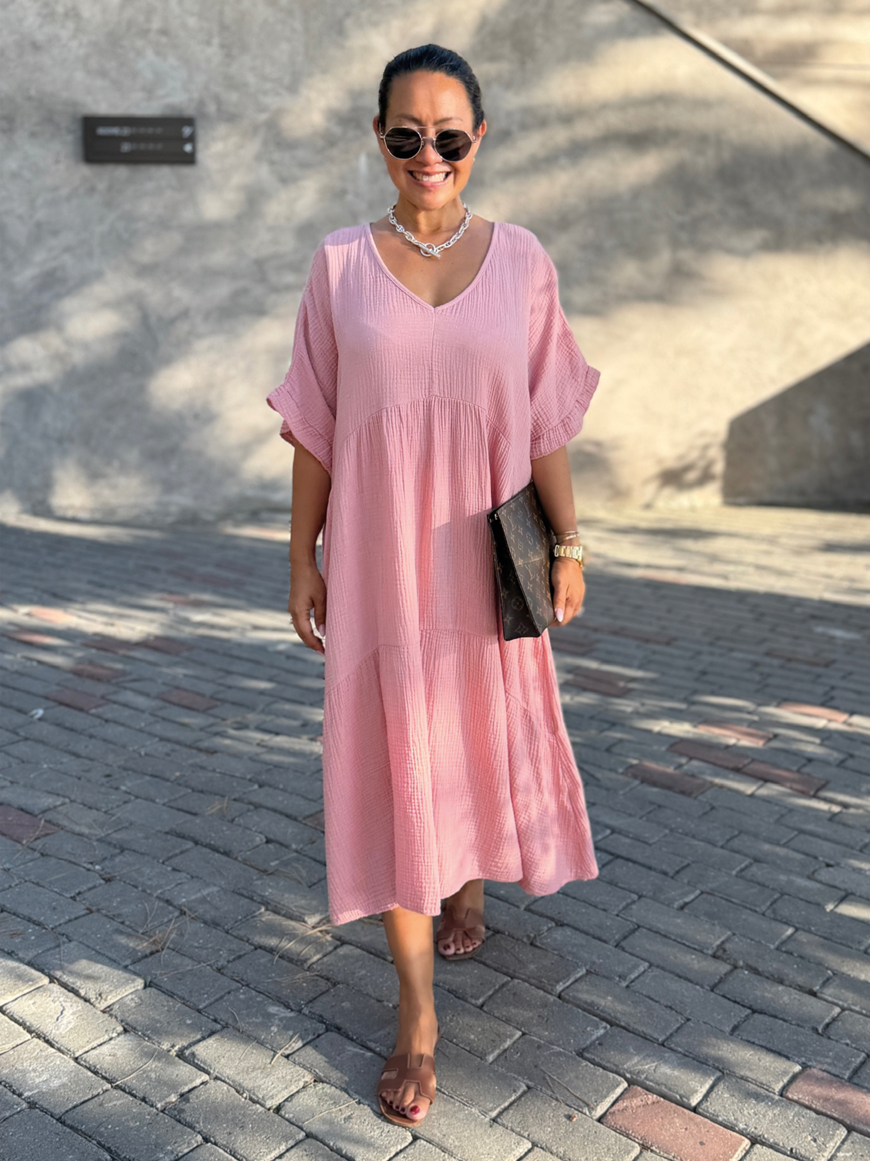 Musselin Tunika Long mit V-Ausschnitt - Blush
