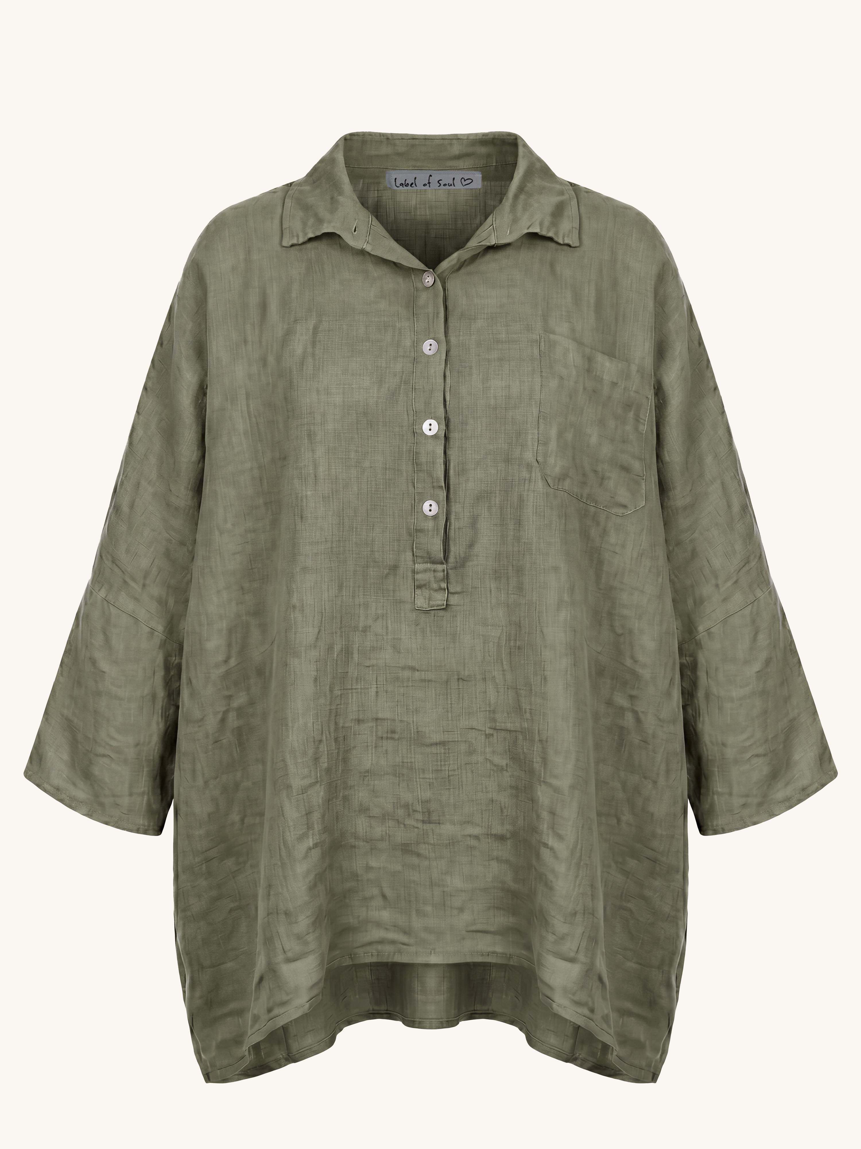 Leinen Oversize Bluse mit Seitentaschen - Olive