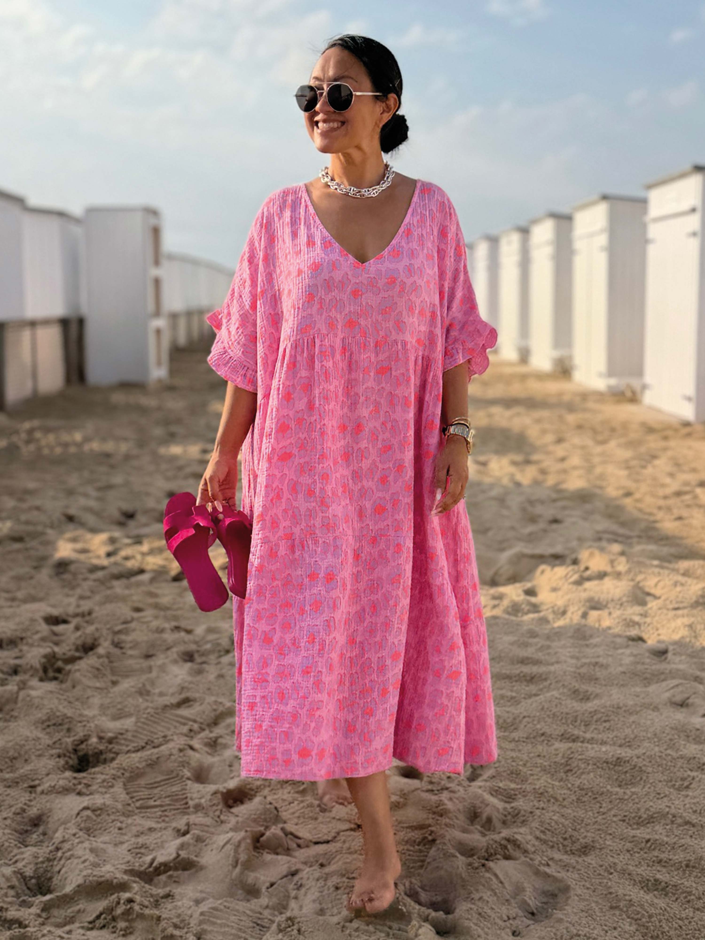 Musselin Tunika Long mit V-Ausschnitt - Leo Peach Pop