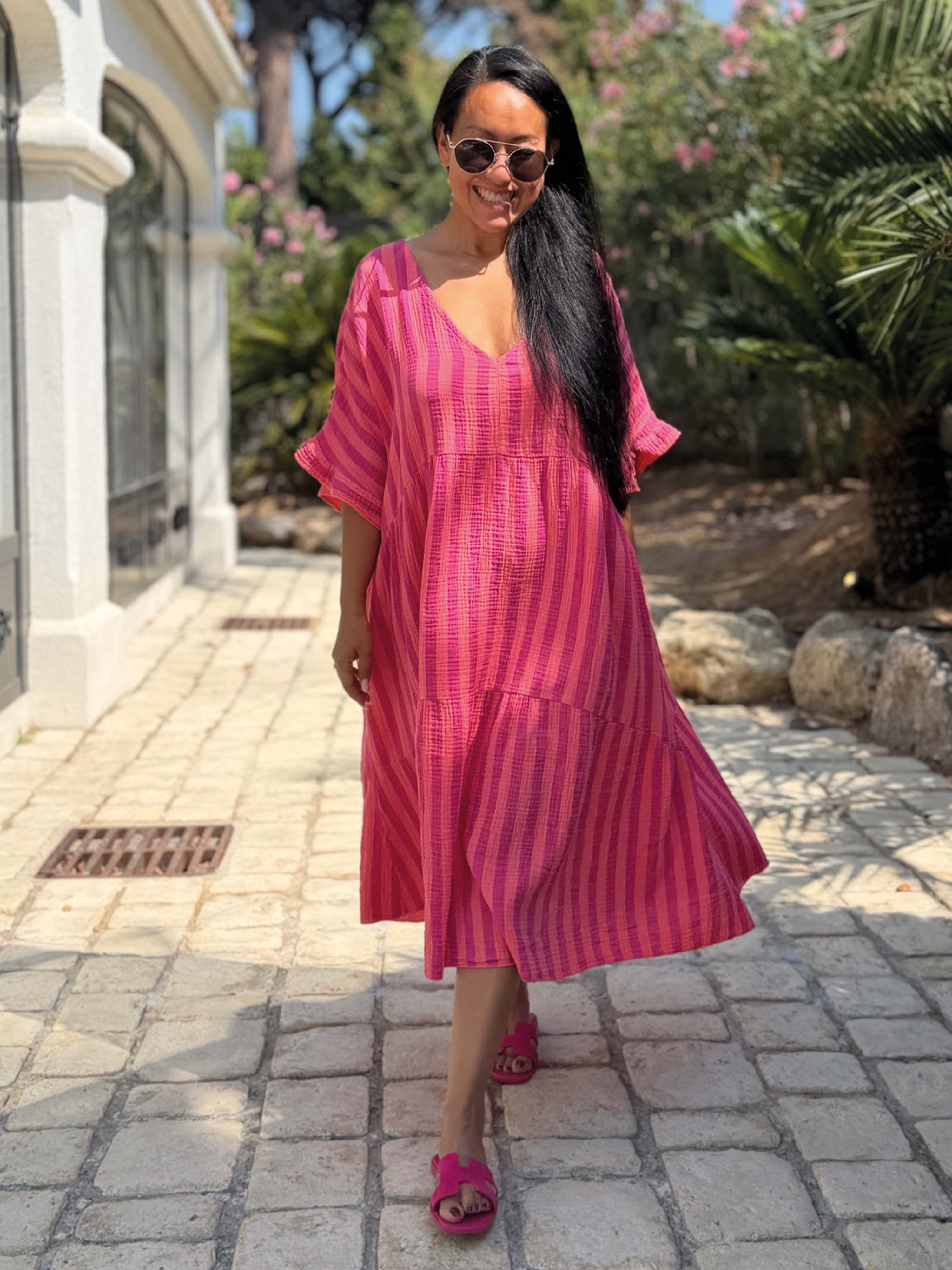 Musselin Tunika Long mit V-Ausschnitt - STRIPES Flamingo Kiss