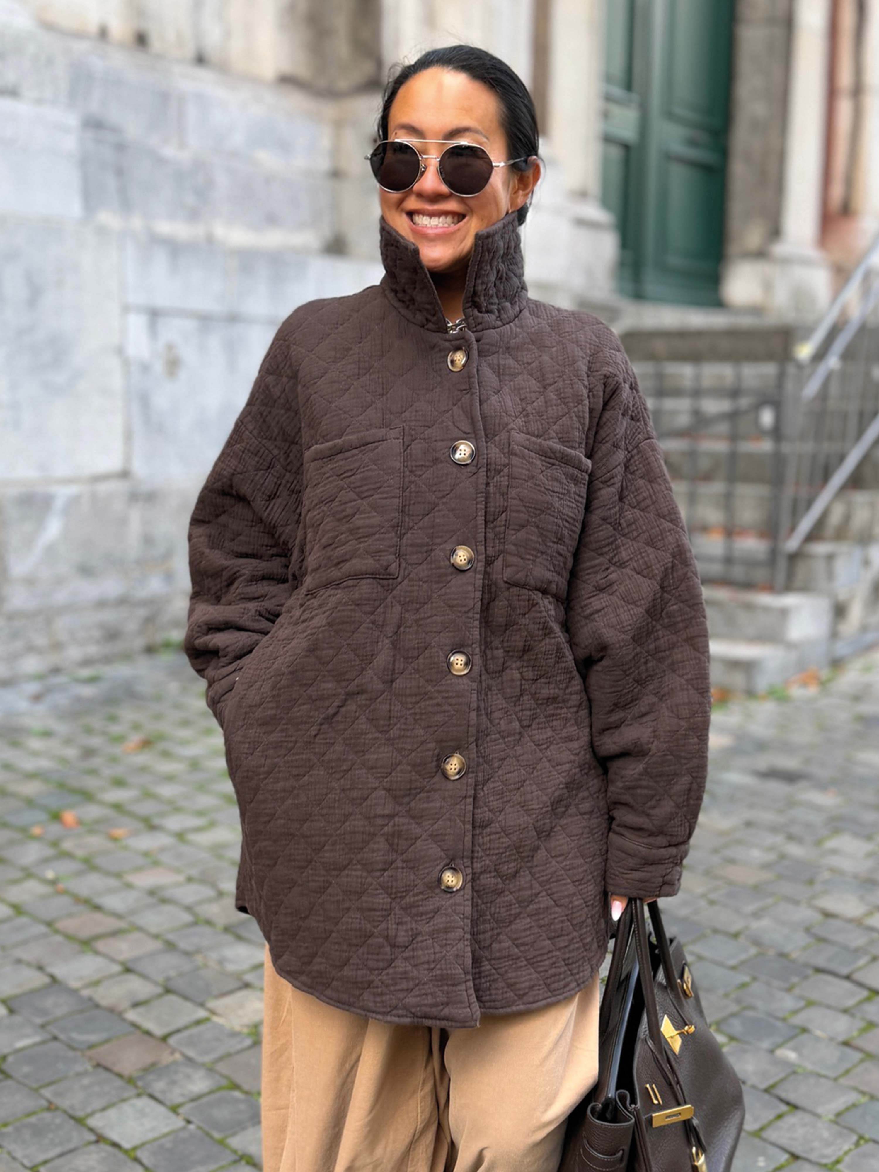 Gefütterte Oversize Musselin Overshirt Jacke - Schoko