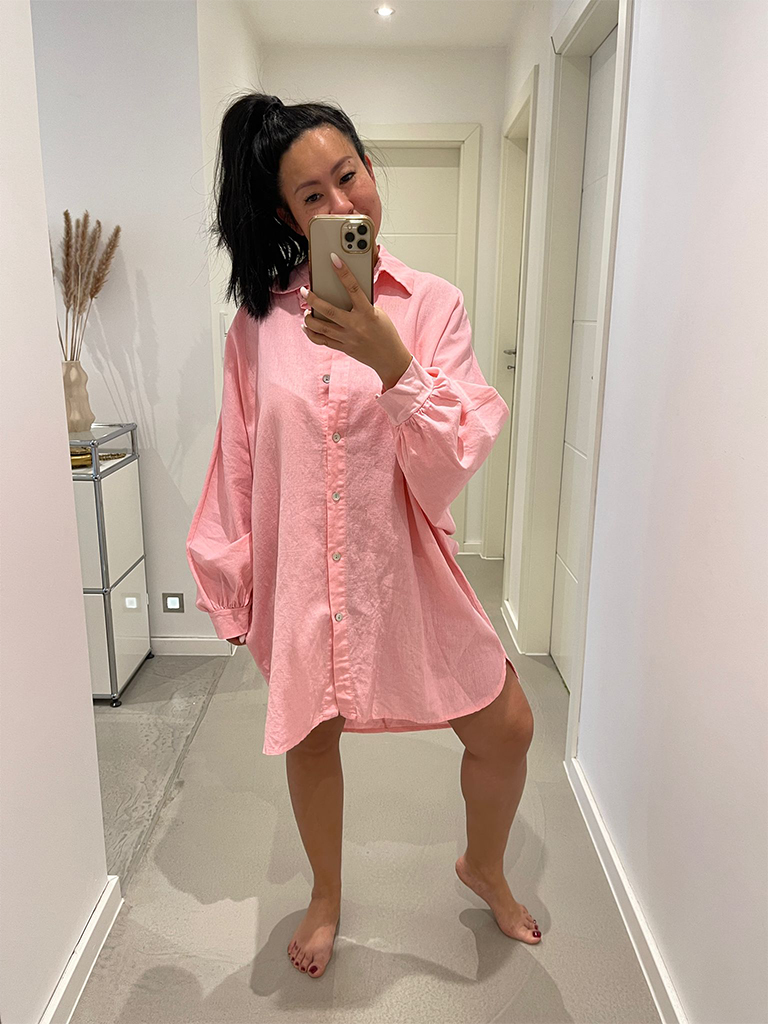 Long Oversize Bluse Leinen-Mix - Rosa
