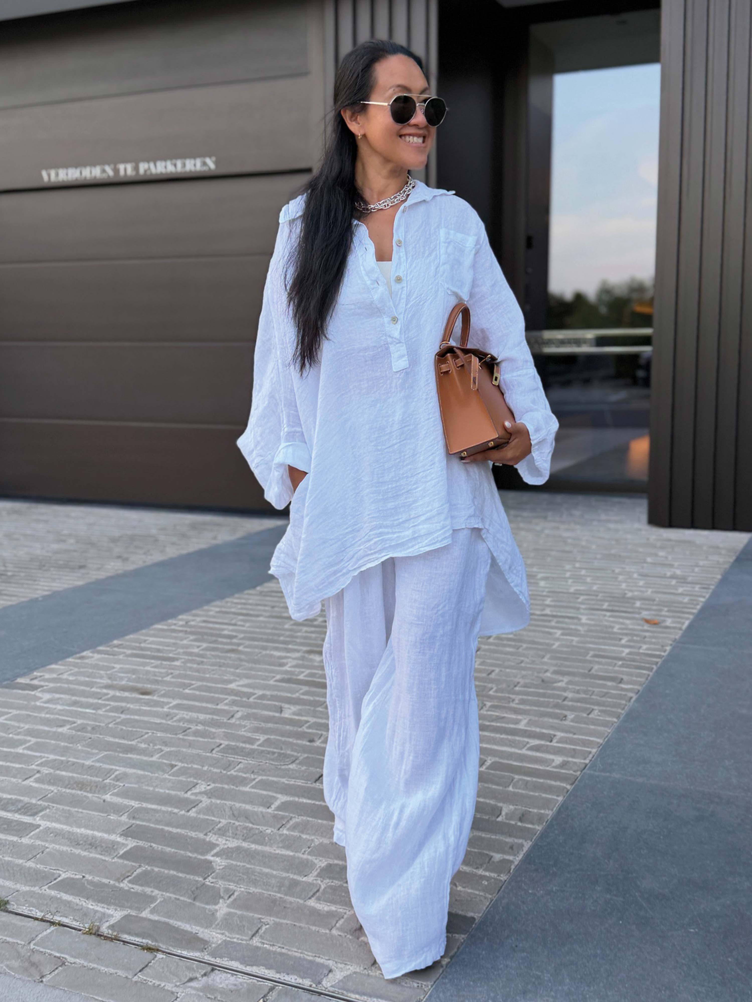 Leinen Oversize Bluse mit Seitentaschen - Weiss
