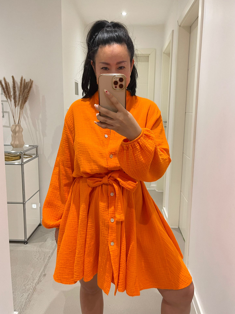 Musselin Kleid mit Gürtel - Sunset Orange