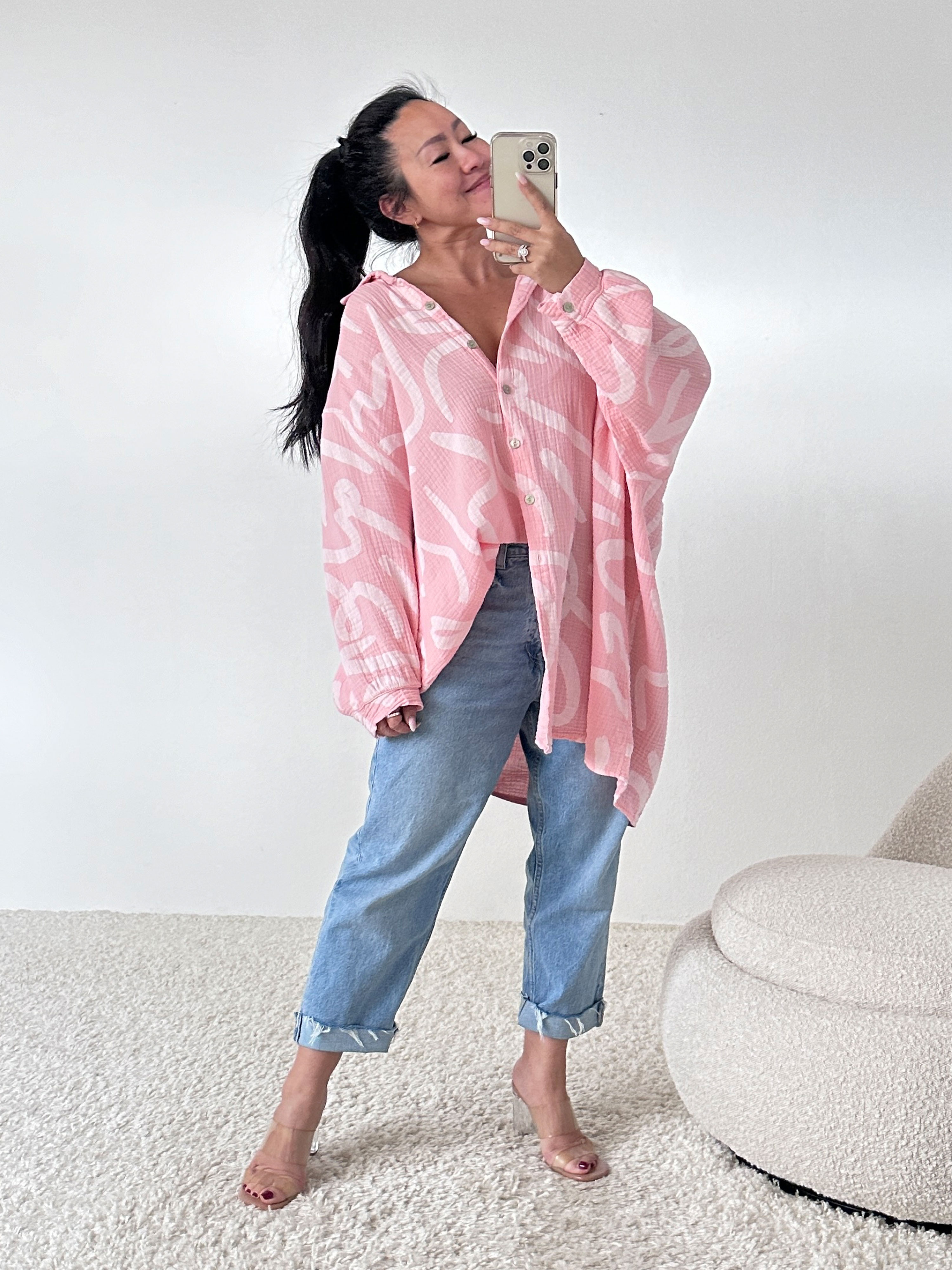Musselin Long Oversize Bluse - Must Have - ABSTRACT - Flamingo