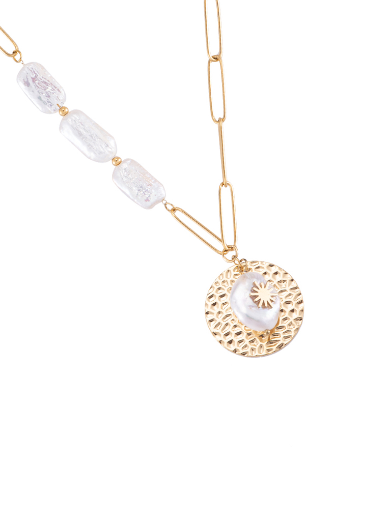 Halskette - Plate & Pearl - Edelstahl - Gold