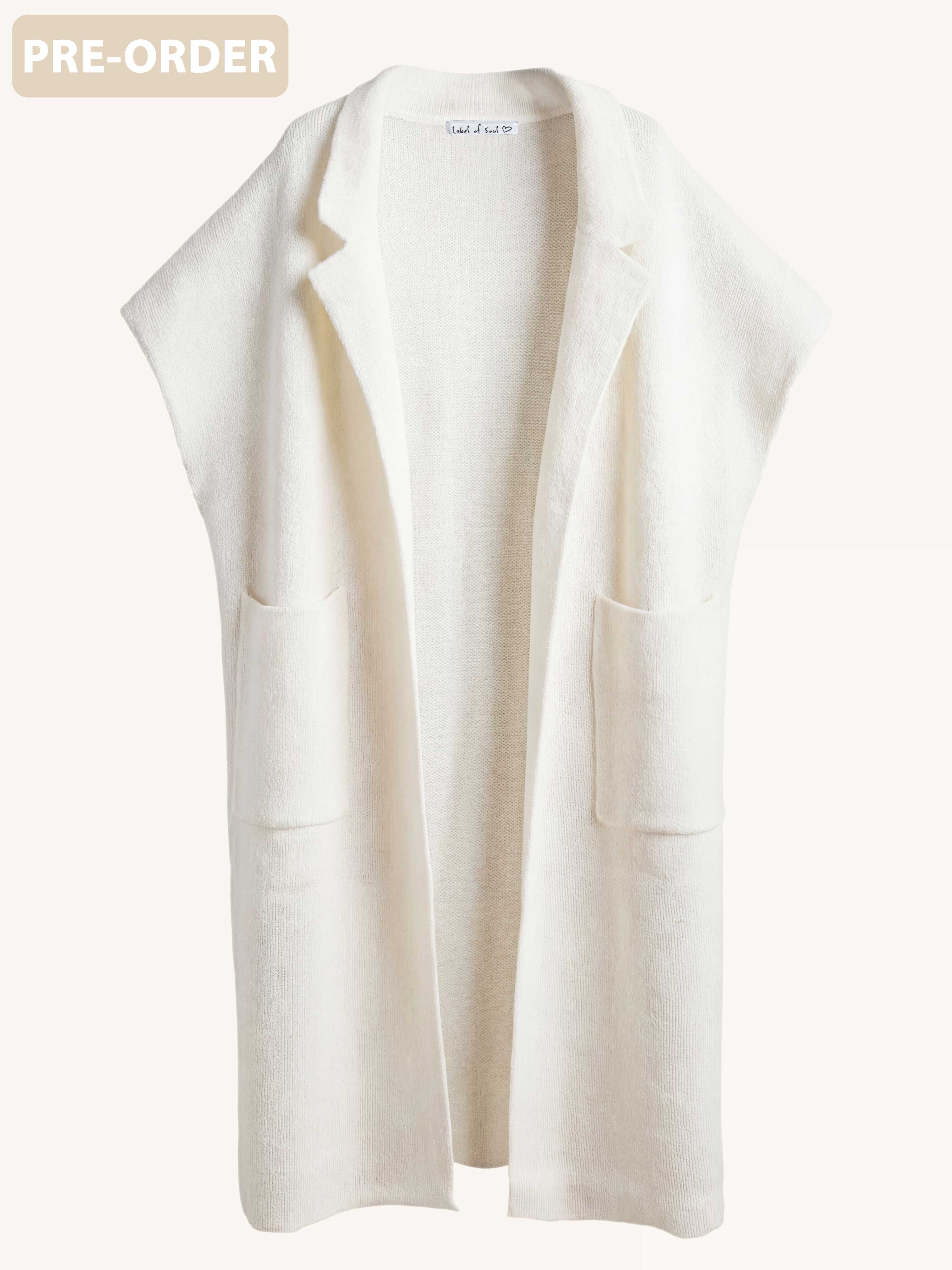 PRE-ORDER: Ärmelloser Oversize Strickmantel mit Gürtel - Creme