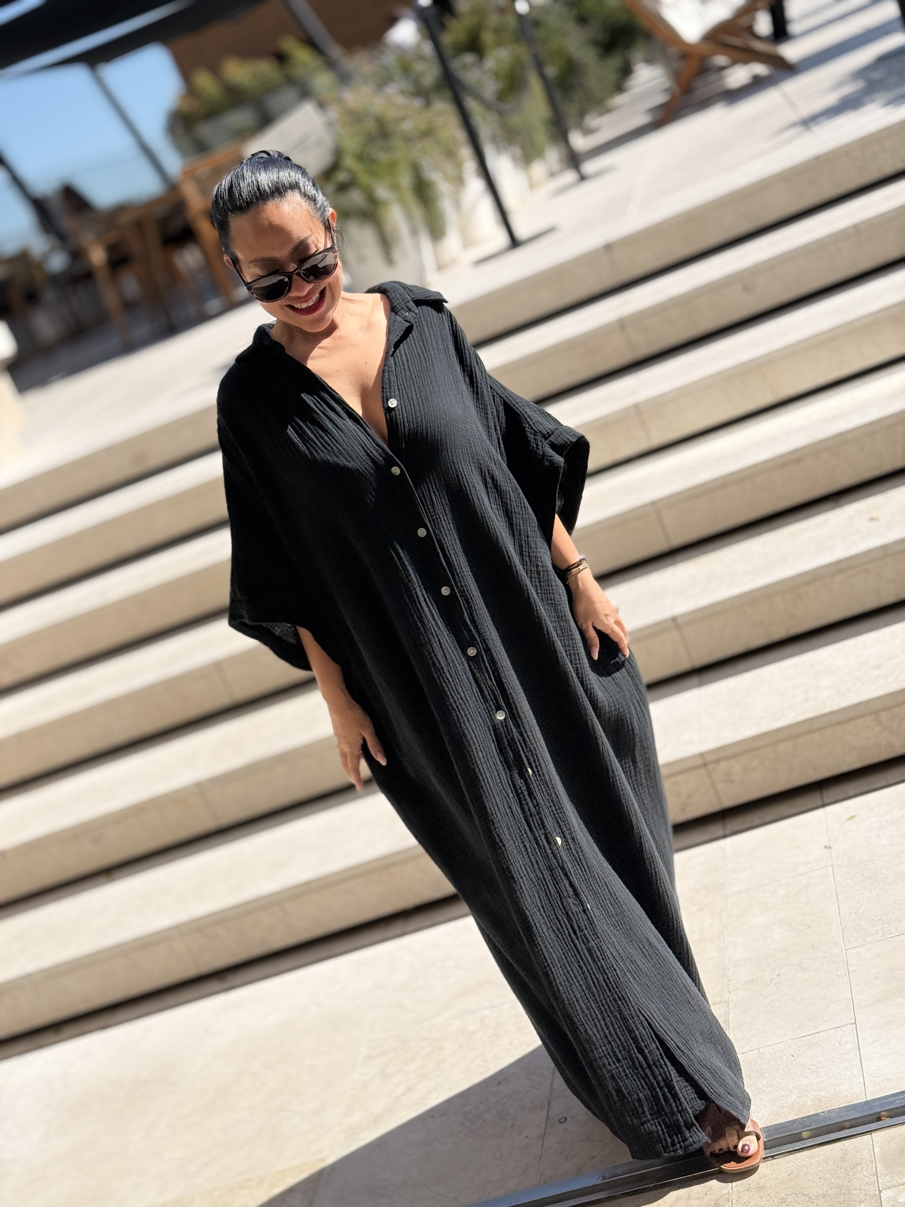 Musselin Oversize Kurzarm Blusenkleid - CAPRI - Schwarz
