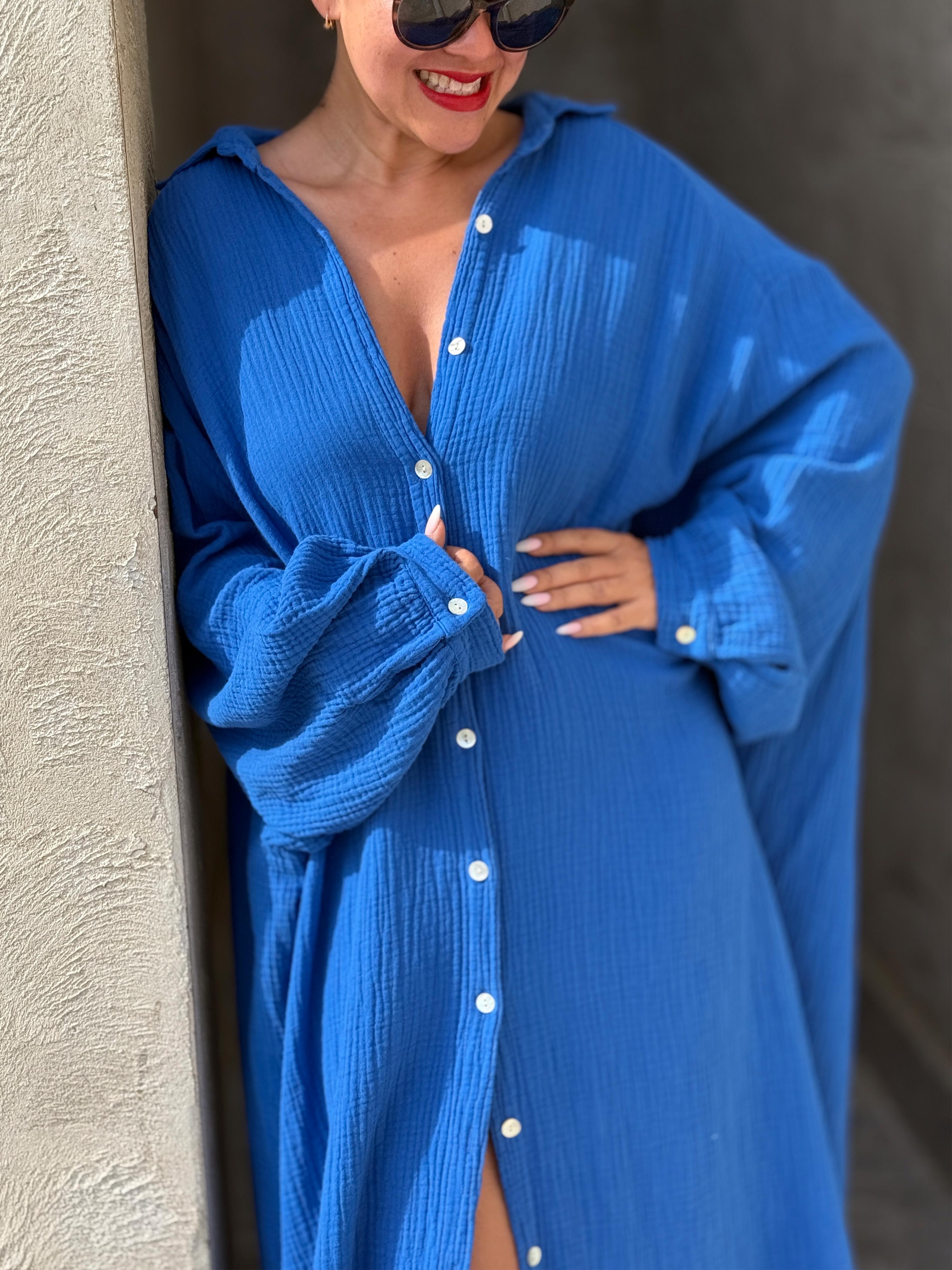 Musselin Oversize Blusenkleid - SEVILLA - Royalblau Musselin Oversize Blusenkleid - SEVILLA - Royalblau