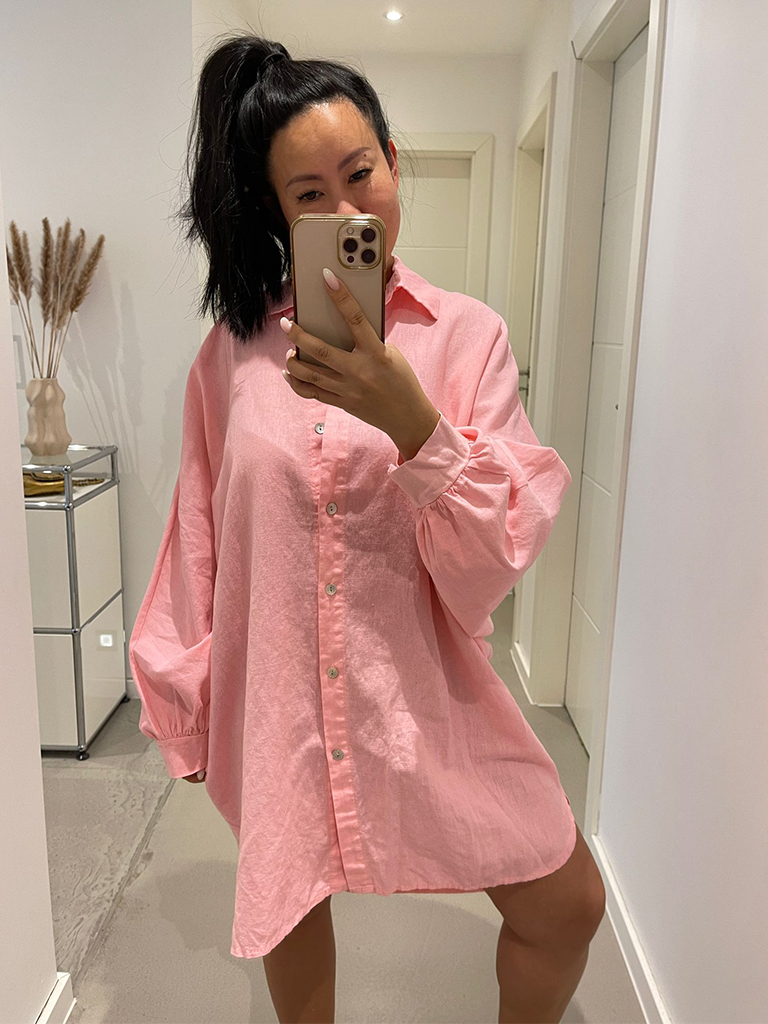 Long Oversize Bluse Leinen-Mix - Rosa