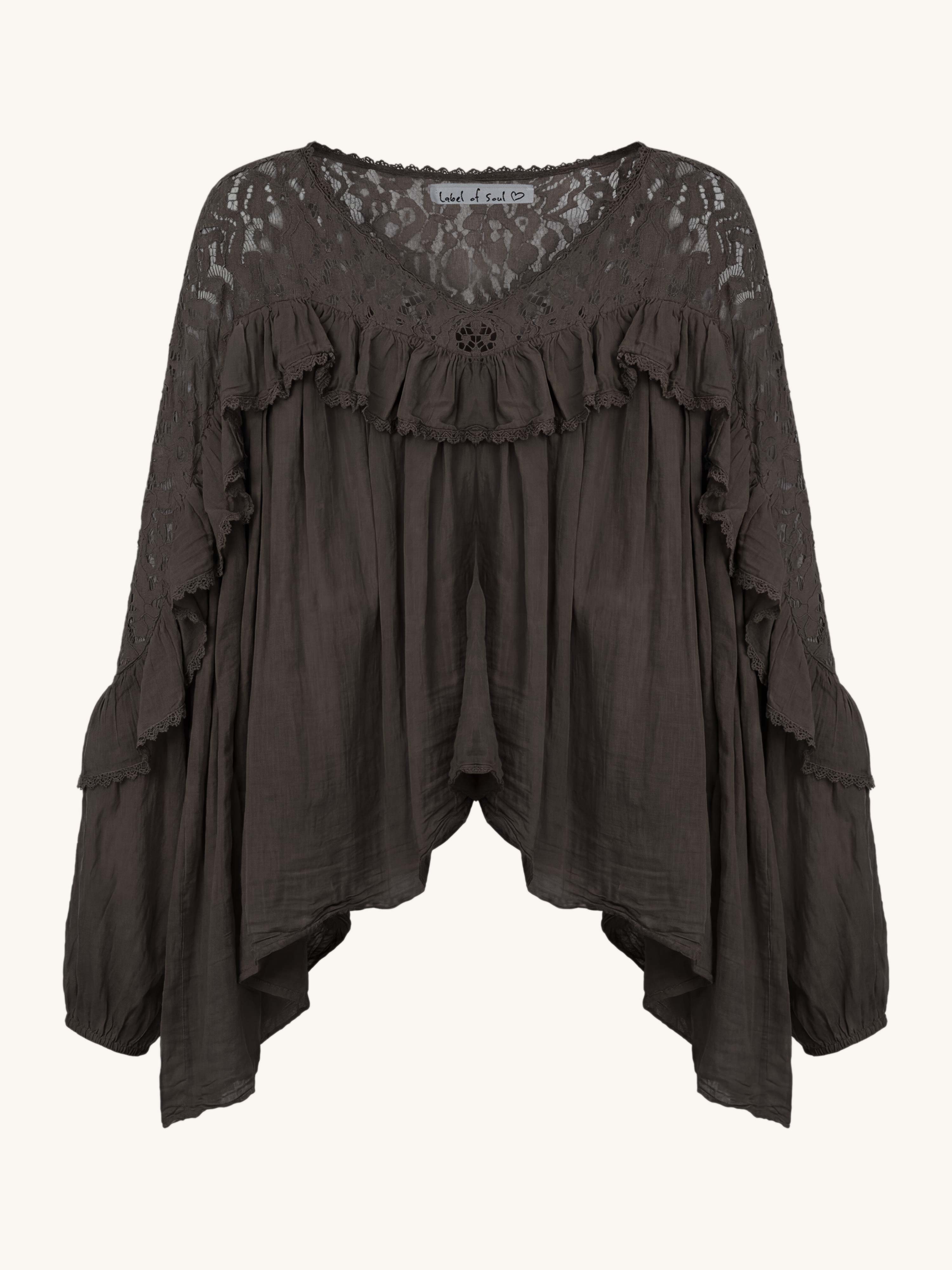 Leichte Oversize Bluse mit V-Ausschnitt - BoHo - Schoko