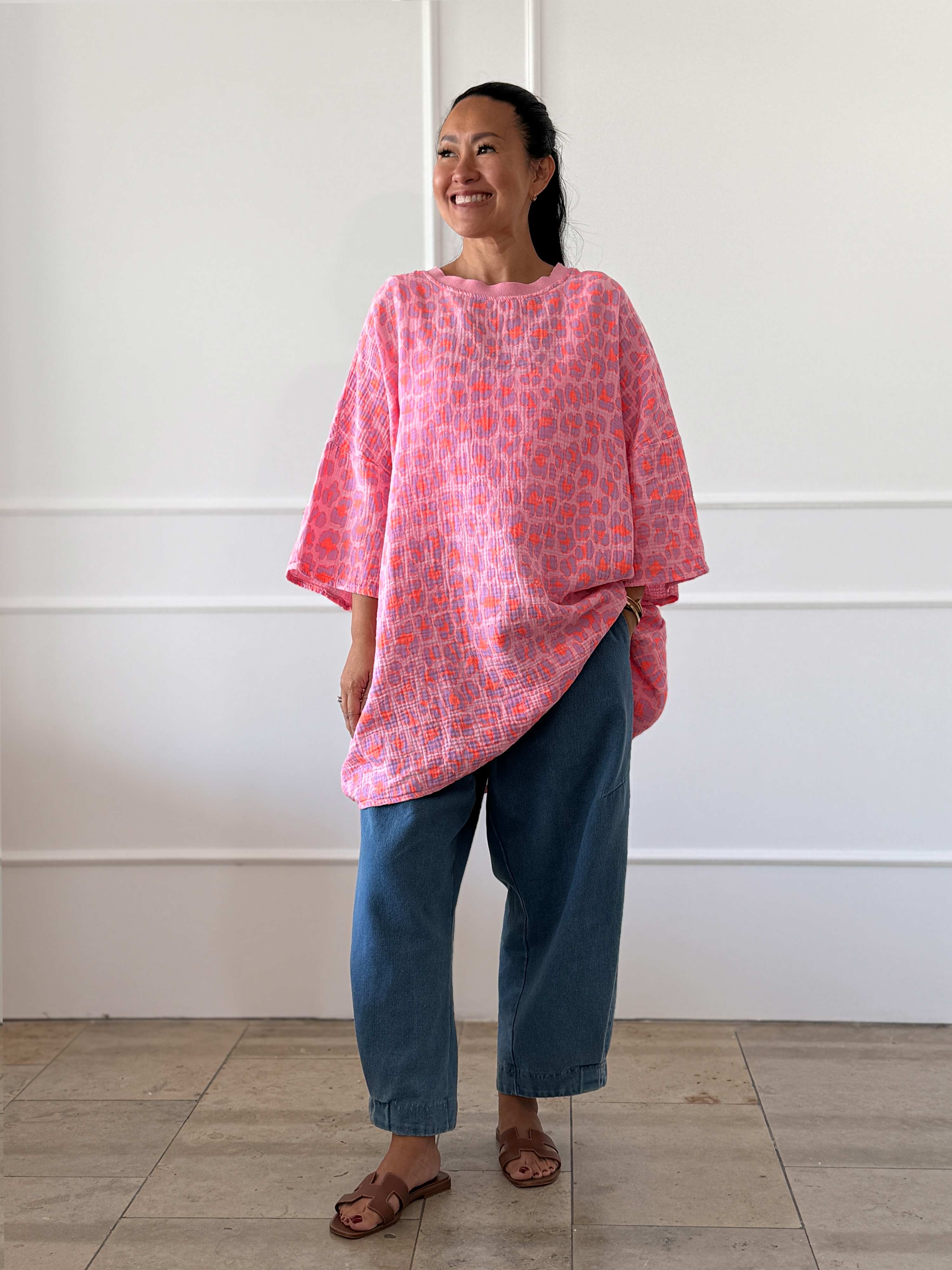 Musselin Oversize Kurzarm Shirt - Leo Candy