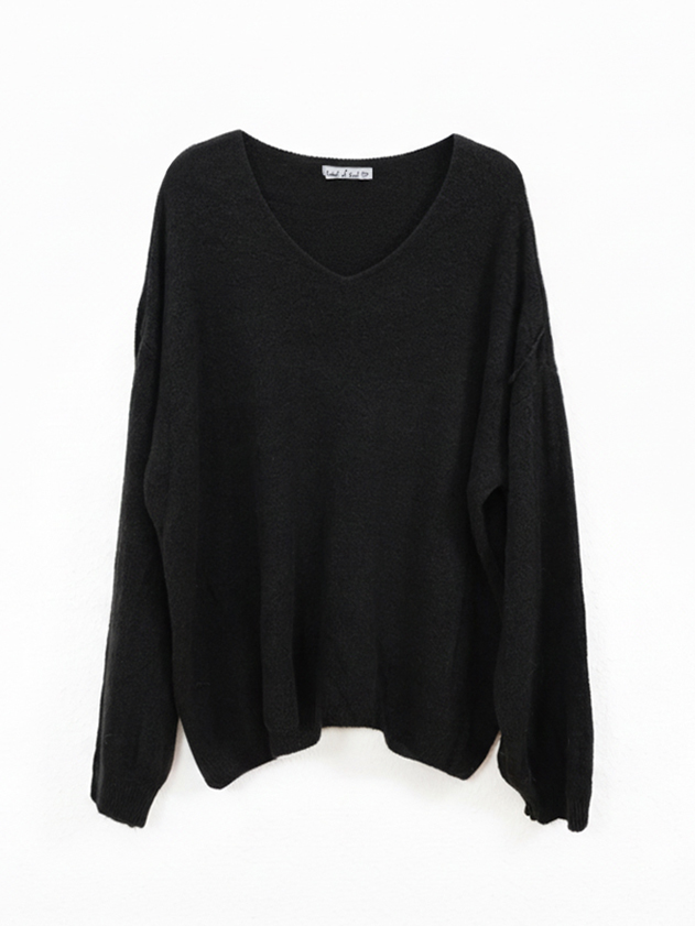 V-Ausschnitt Strickpullover mit Alpakawollanteil - Schwarz