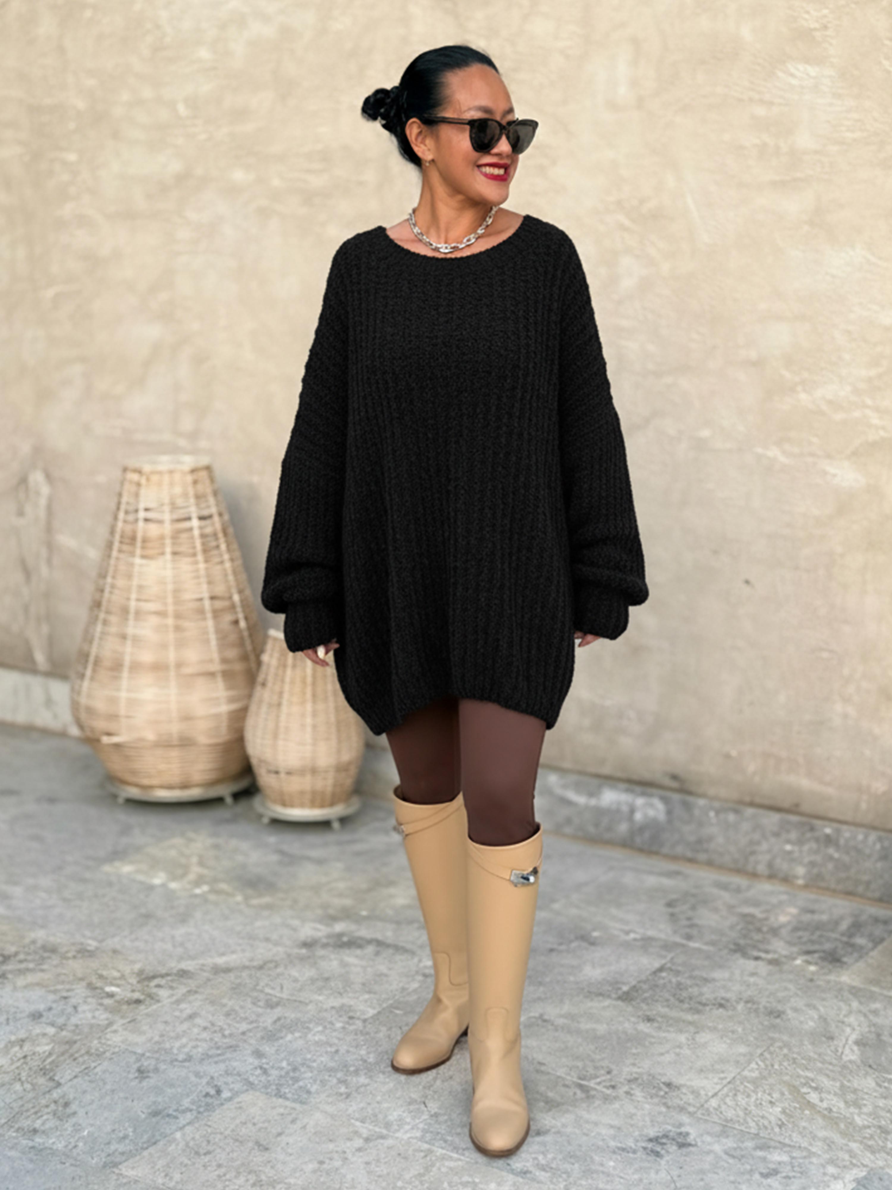 Oversize Bouclé Grob Strickpullover - Schwarz