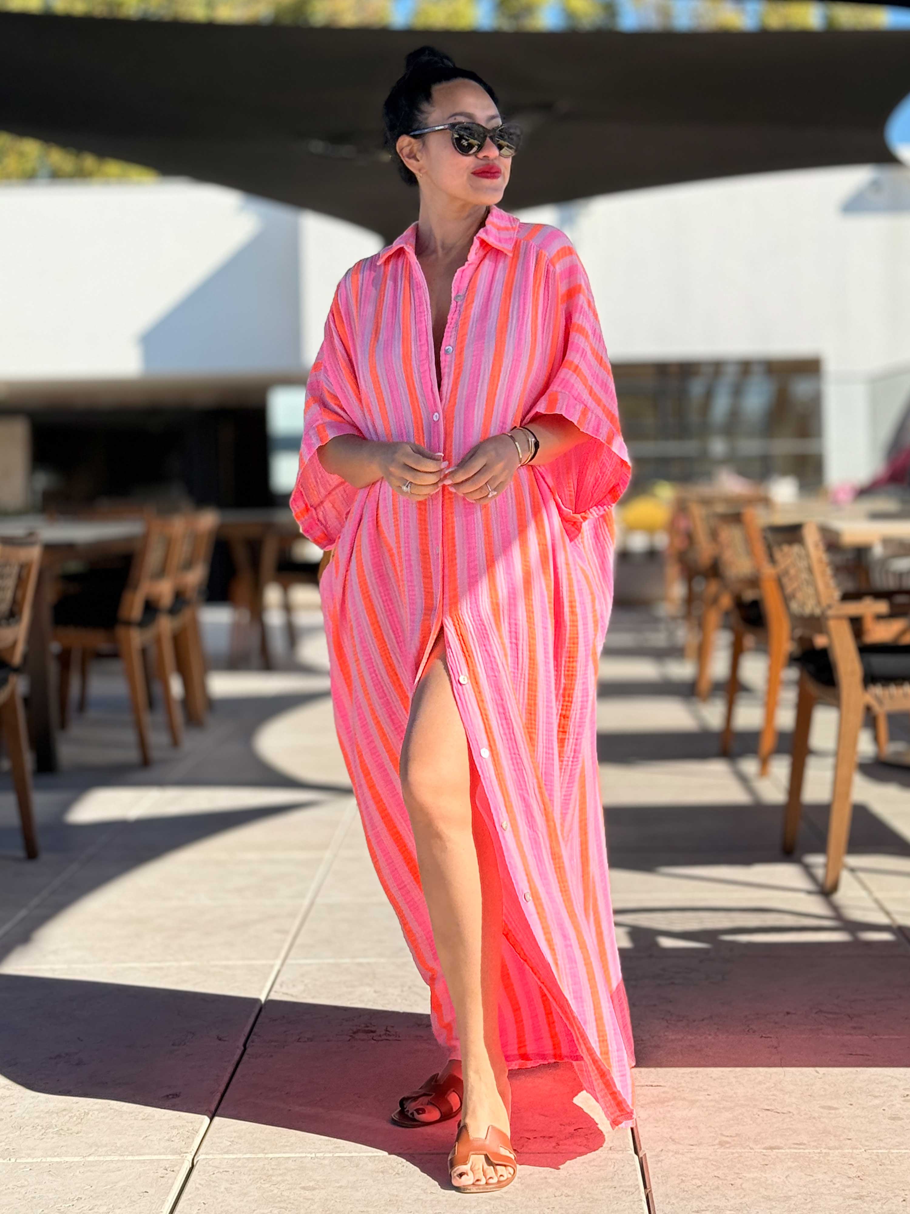 Musselin Oversize Kurzarm Blusenkleid - CAPRI - STRIPES Sugar