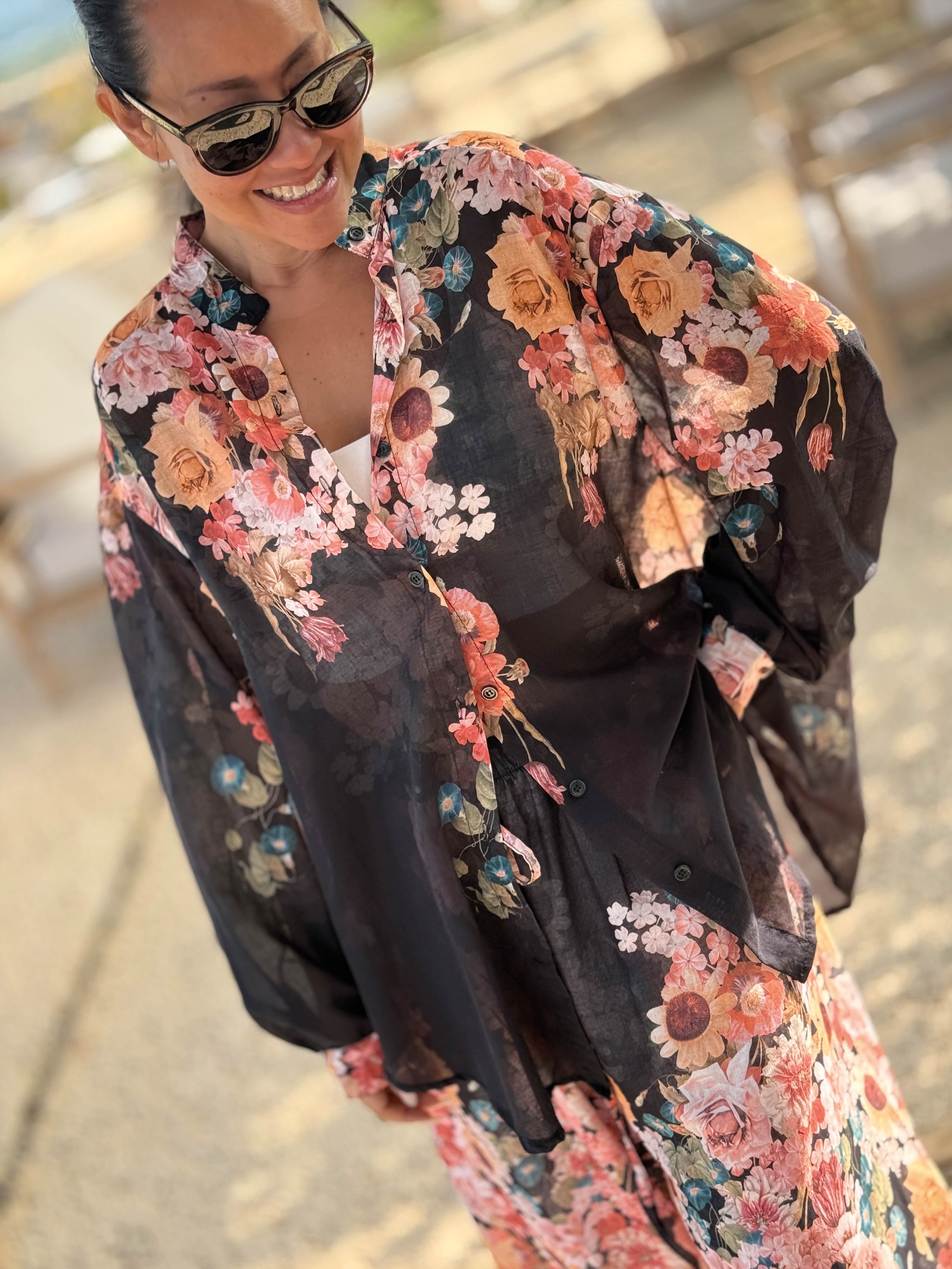 Cotton Oversize Midi Bluse - MILLE FLEURS - Schwarz
