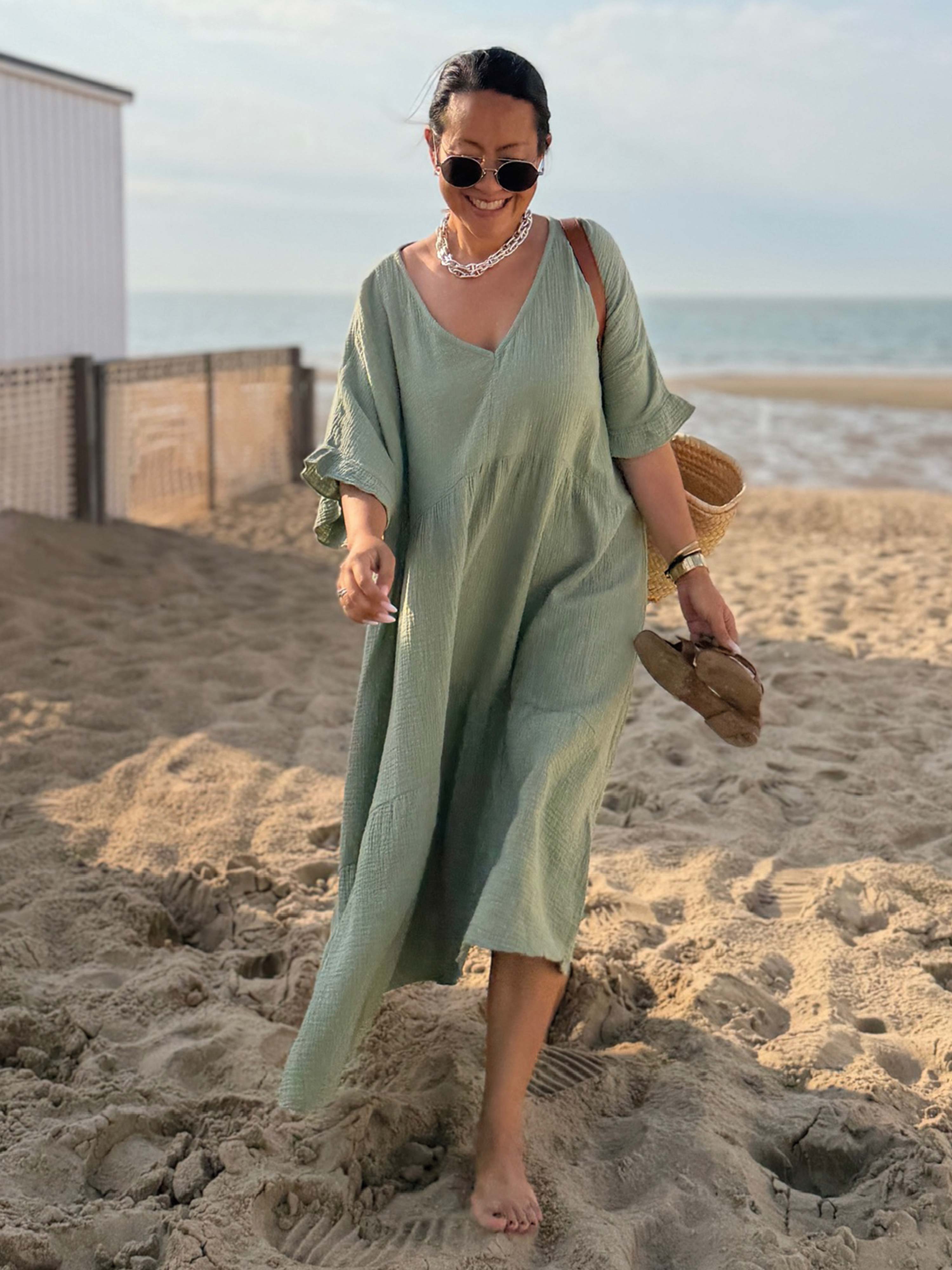 Musselin Tunika Long mit V-Ausschnitt - Matcha
