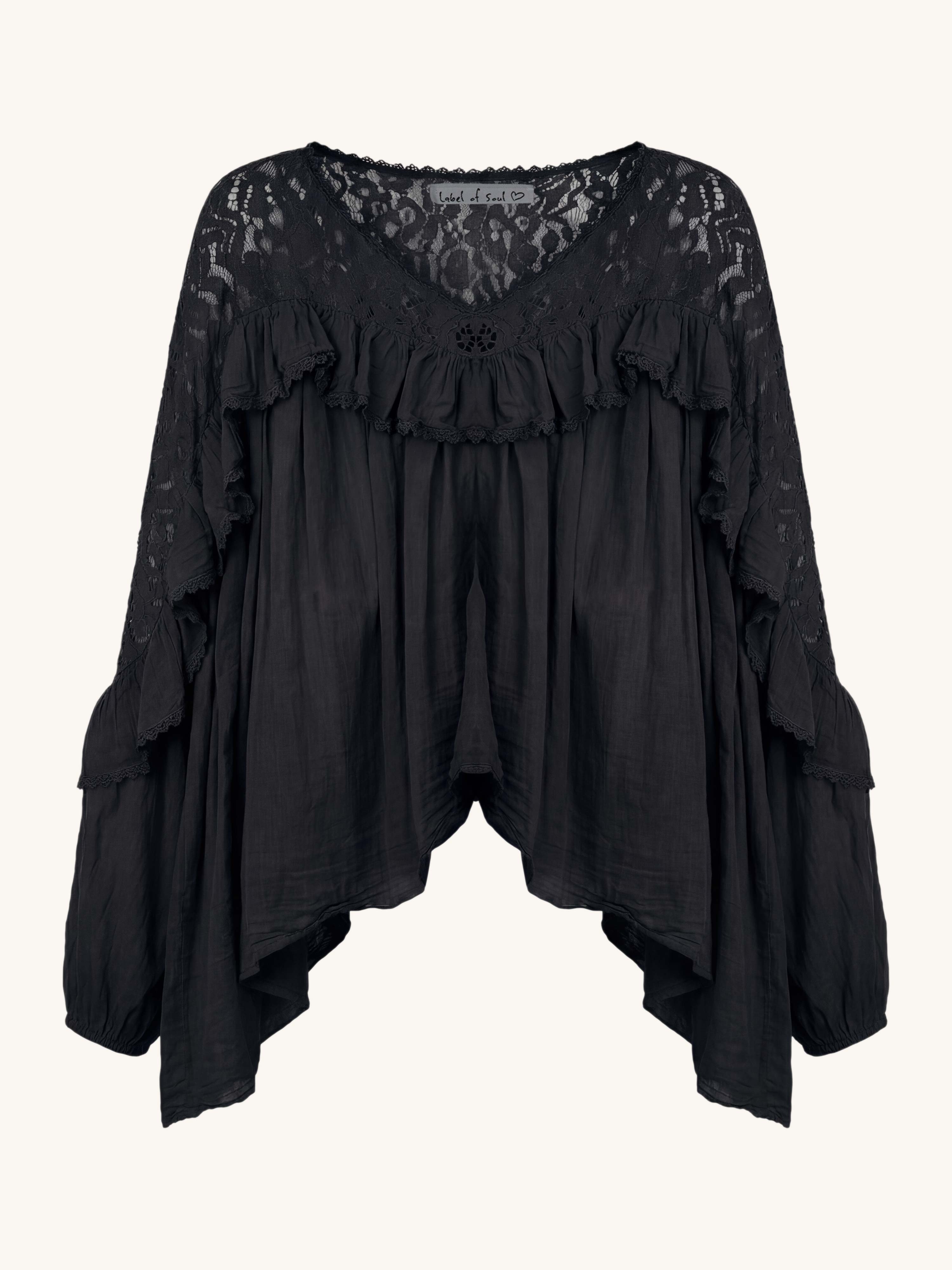 Leichte Oversize Bluse mit V-Ausschnitt - BoHo - Schwarz