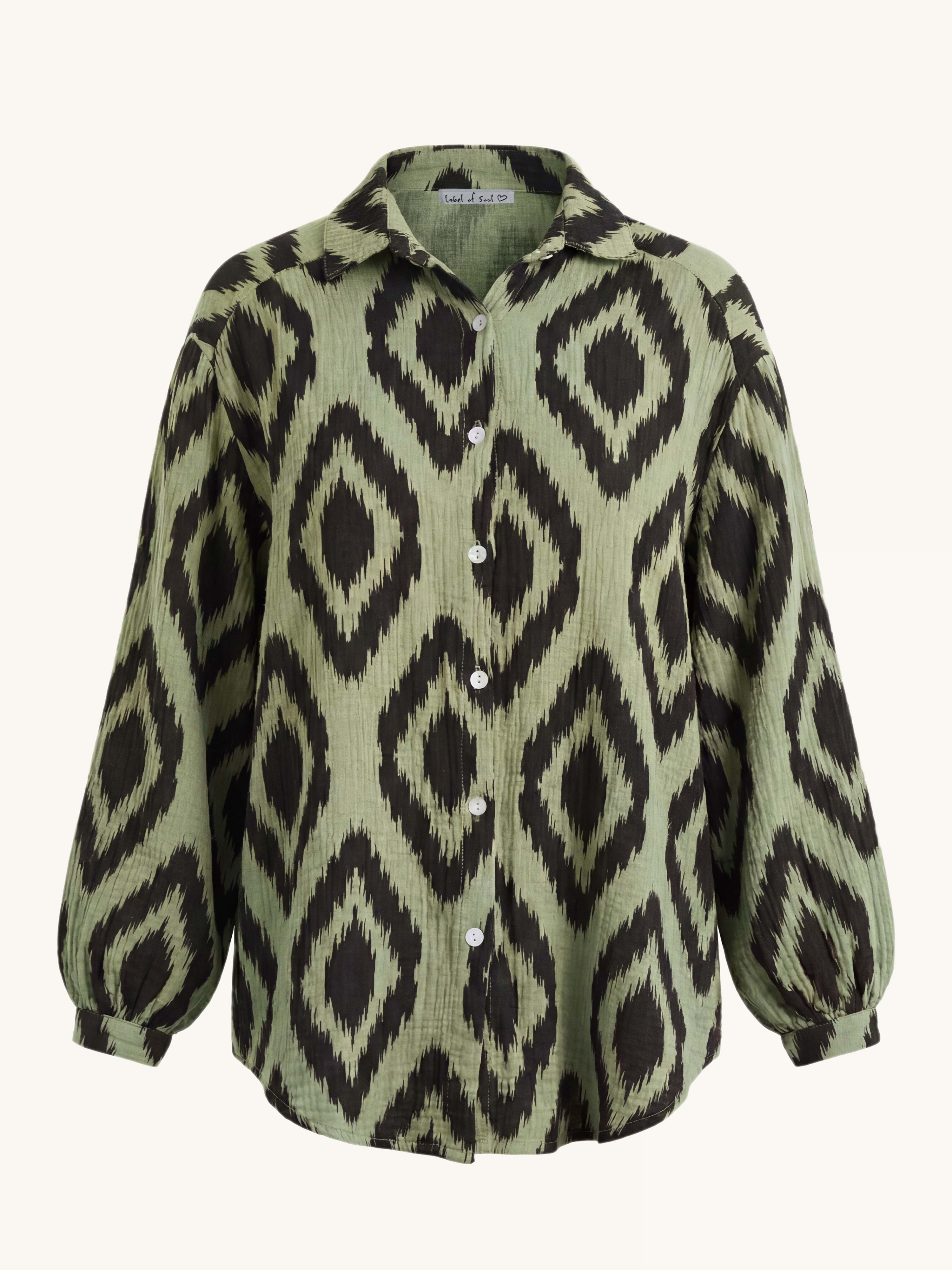 Musselin Midi Oversize Bluse - GEMUSTERT - Matcha