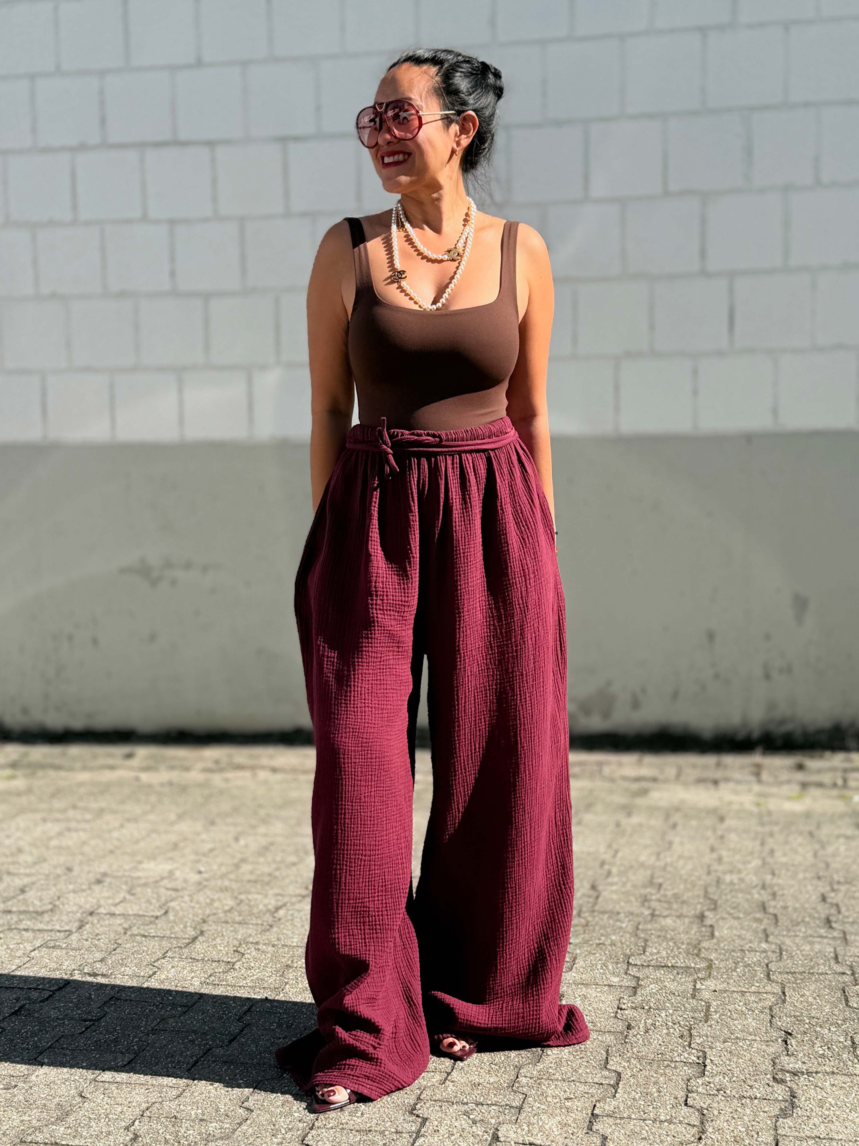 Musselin Palazzo Oversize Hose - NAMASTE - Burgunder