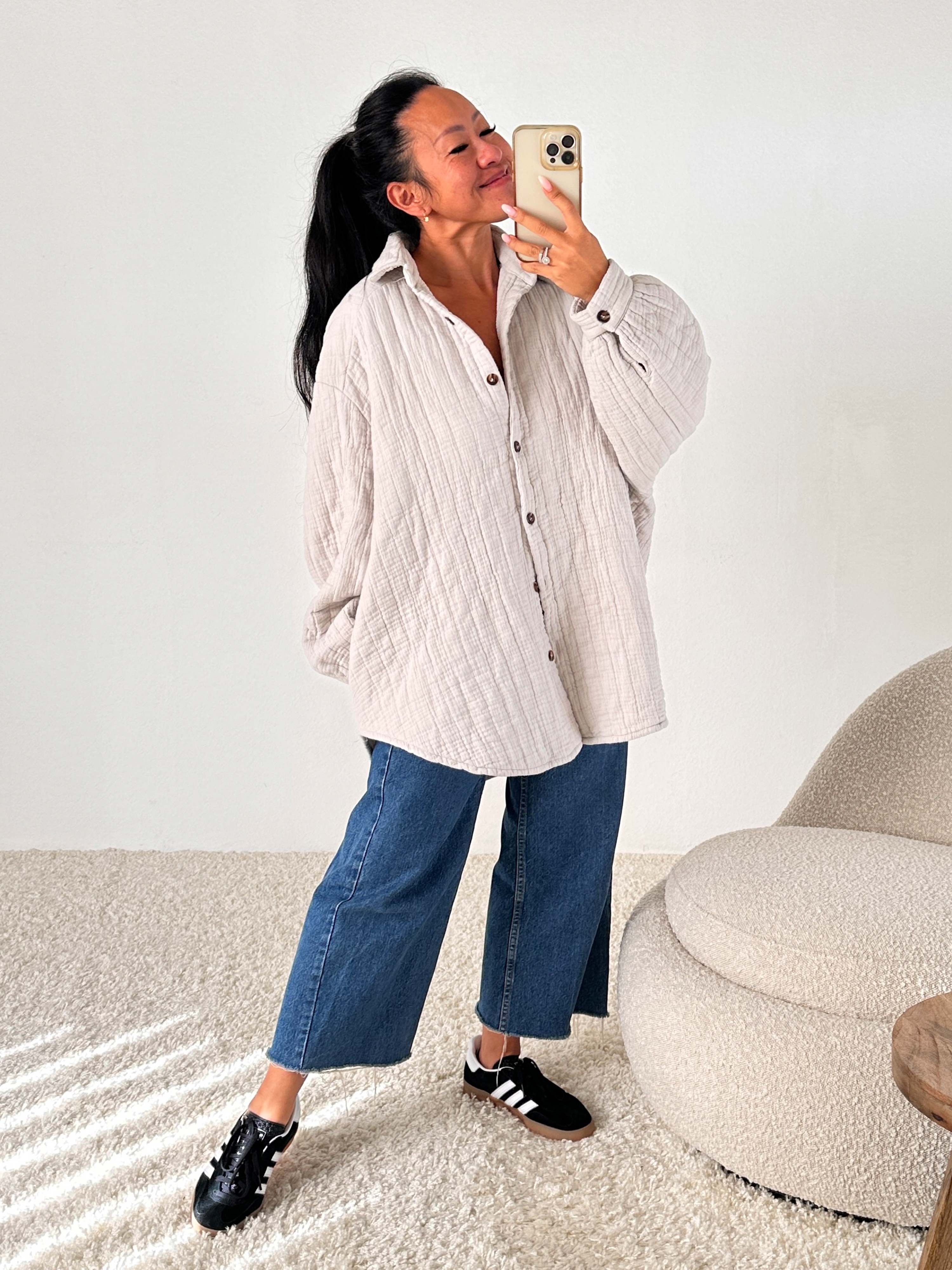 Musselin Overshirt MIDI gefüttert - Beige