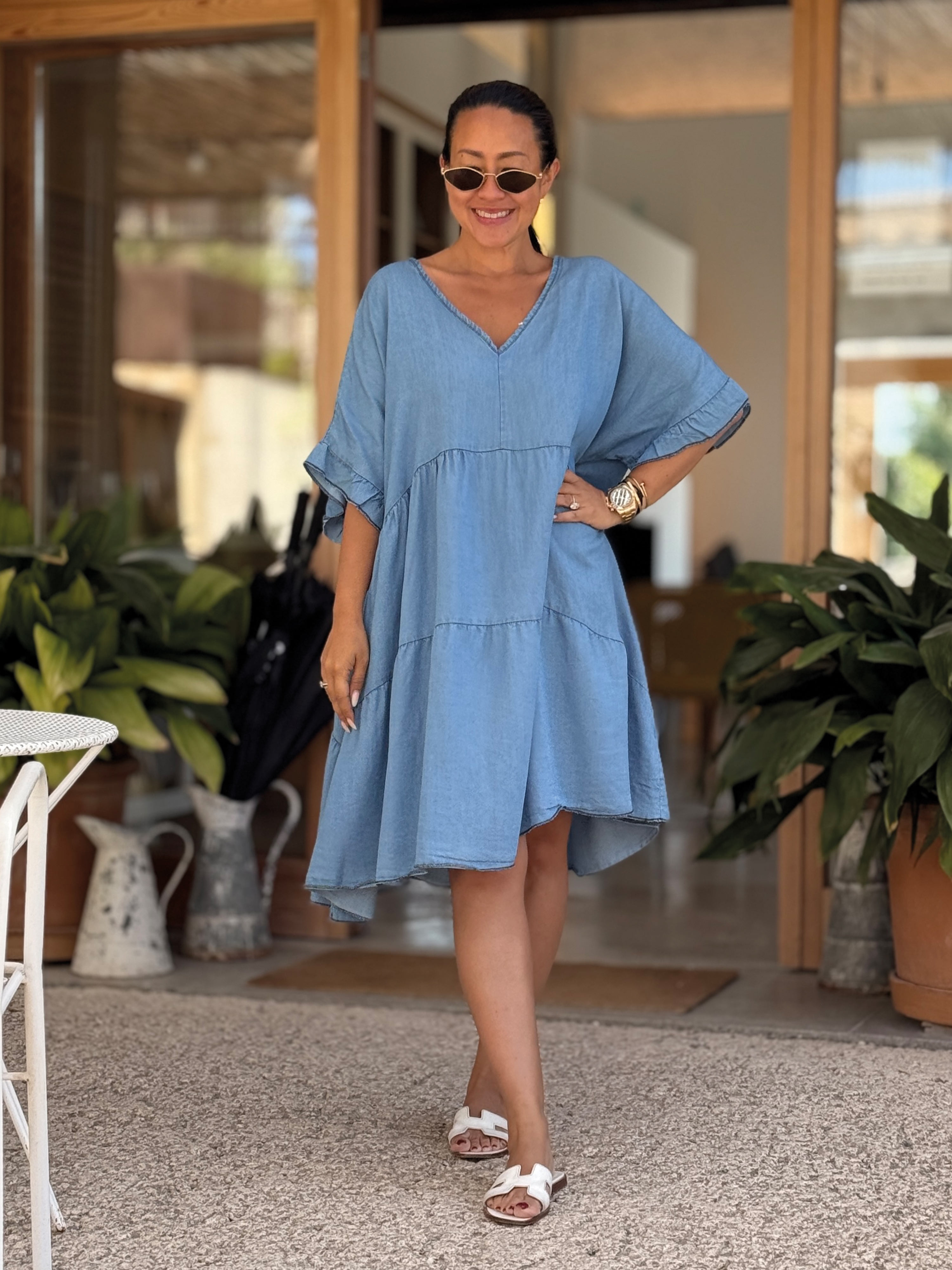 Leichte Lyocell Tunika Midi mit V-Ausschnitt - Blue