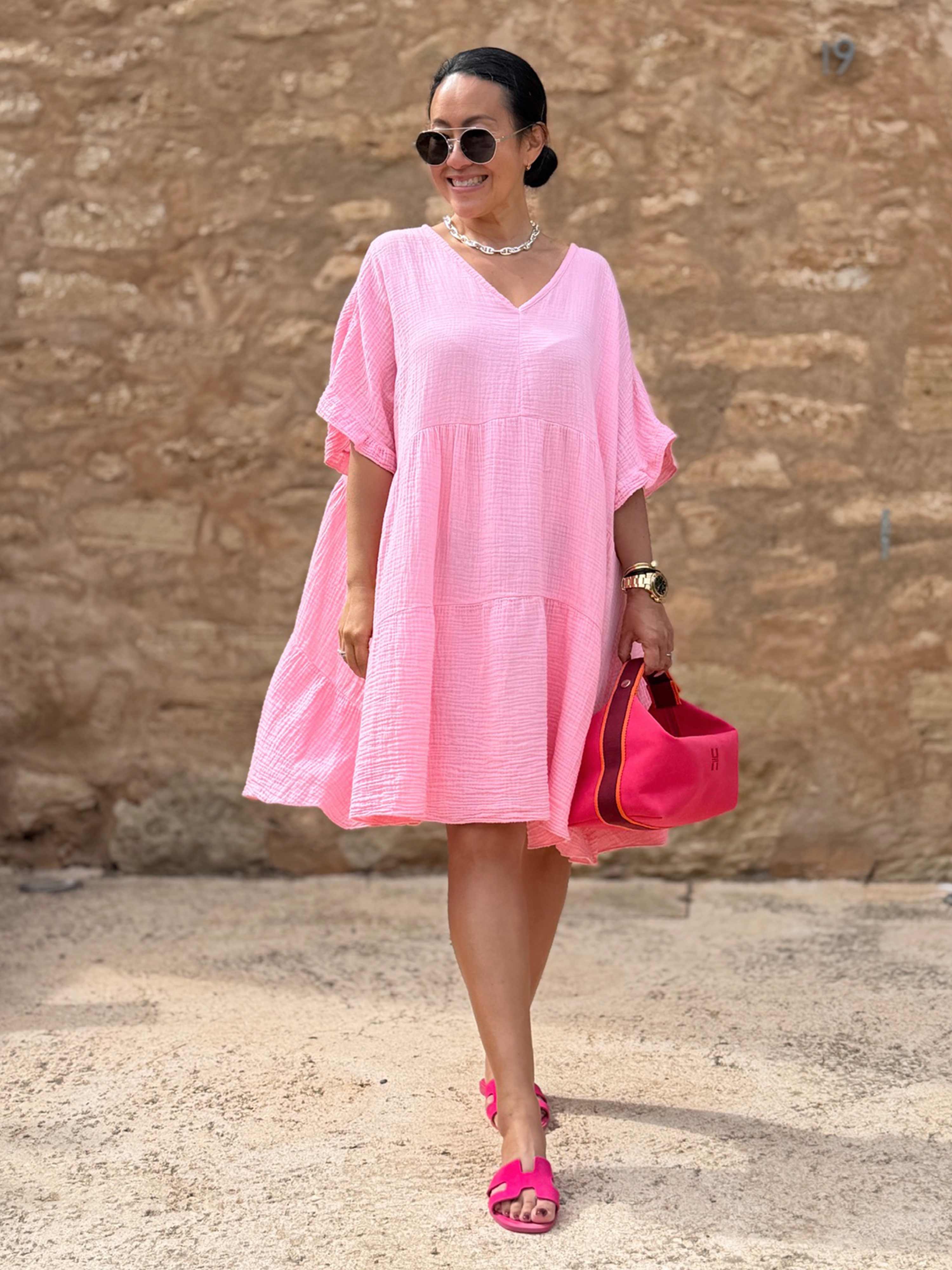 Musselin Tunika Midi mit V-Ausschnitt - Babyrosa