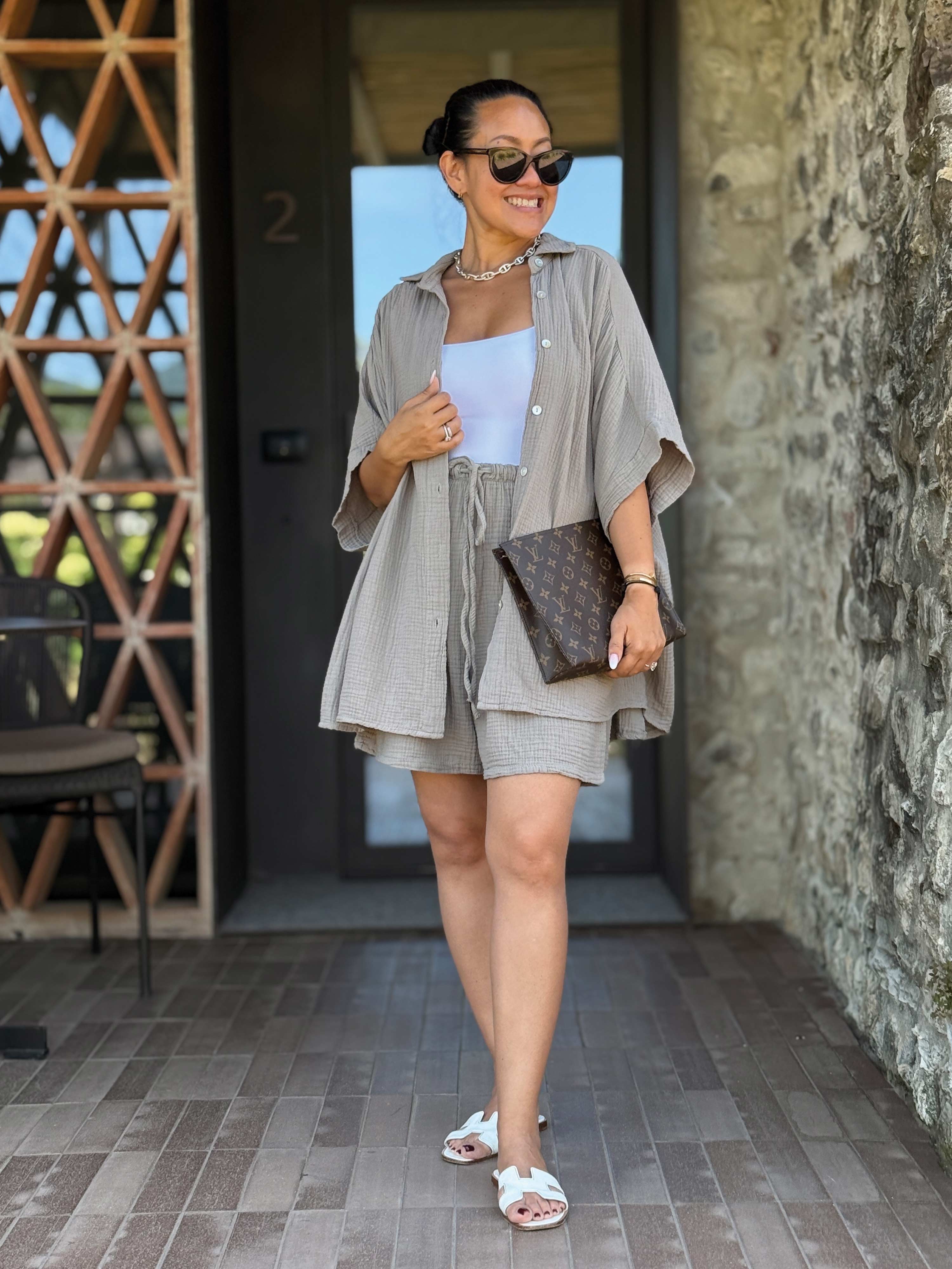 Musselin Oversize Kurzarm Bluse MIDI - Taupe
