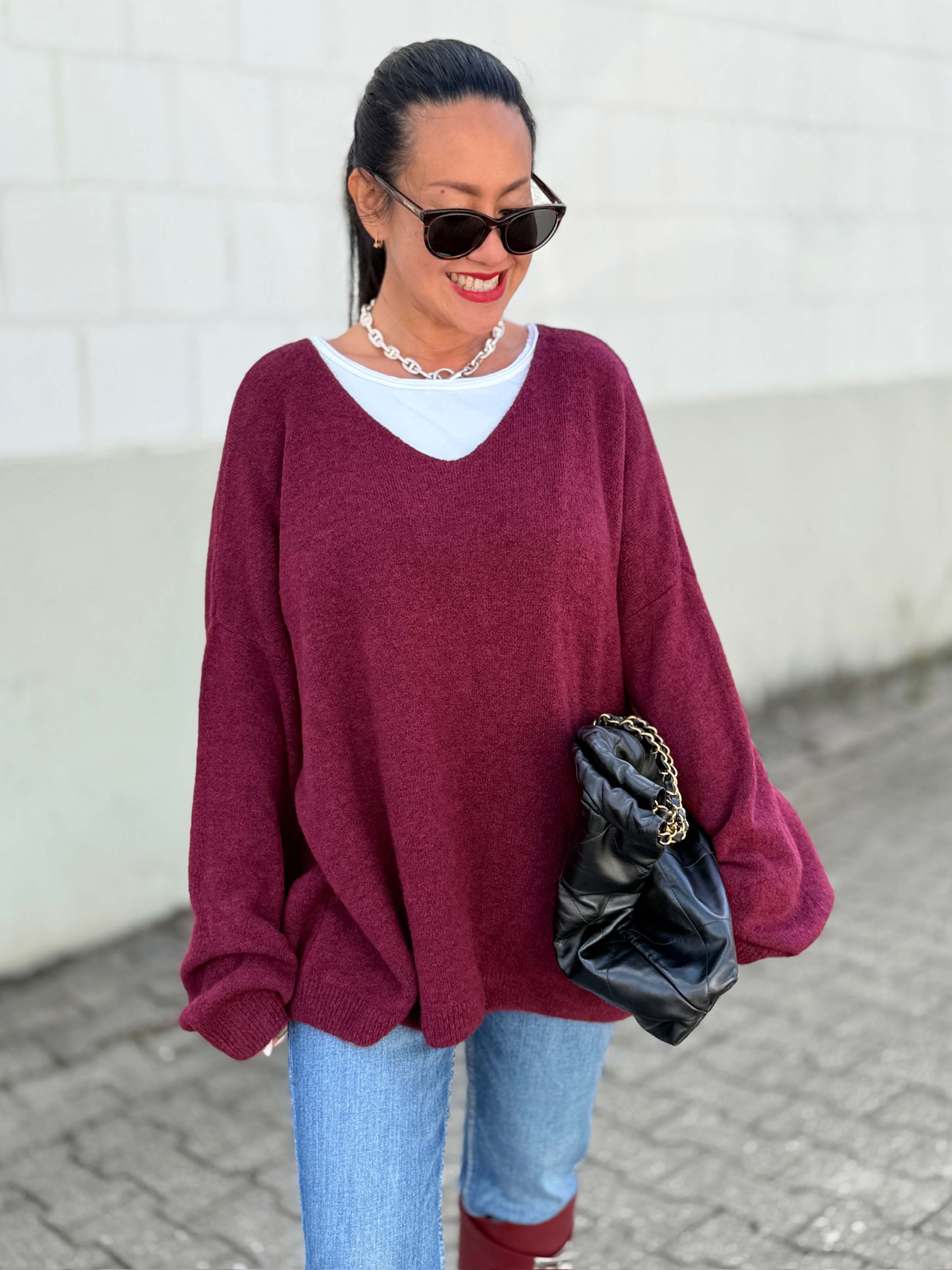 V-Ausschnitt Strickpullover mit Alpakawollanteil - Burgundy