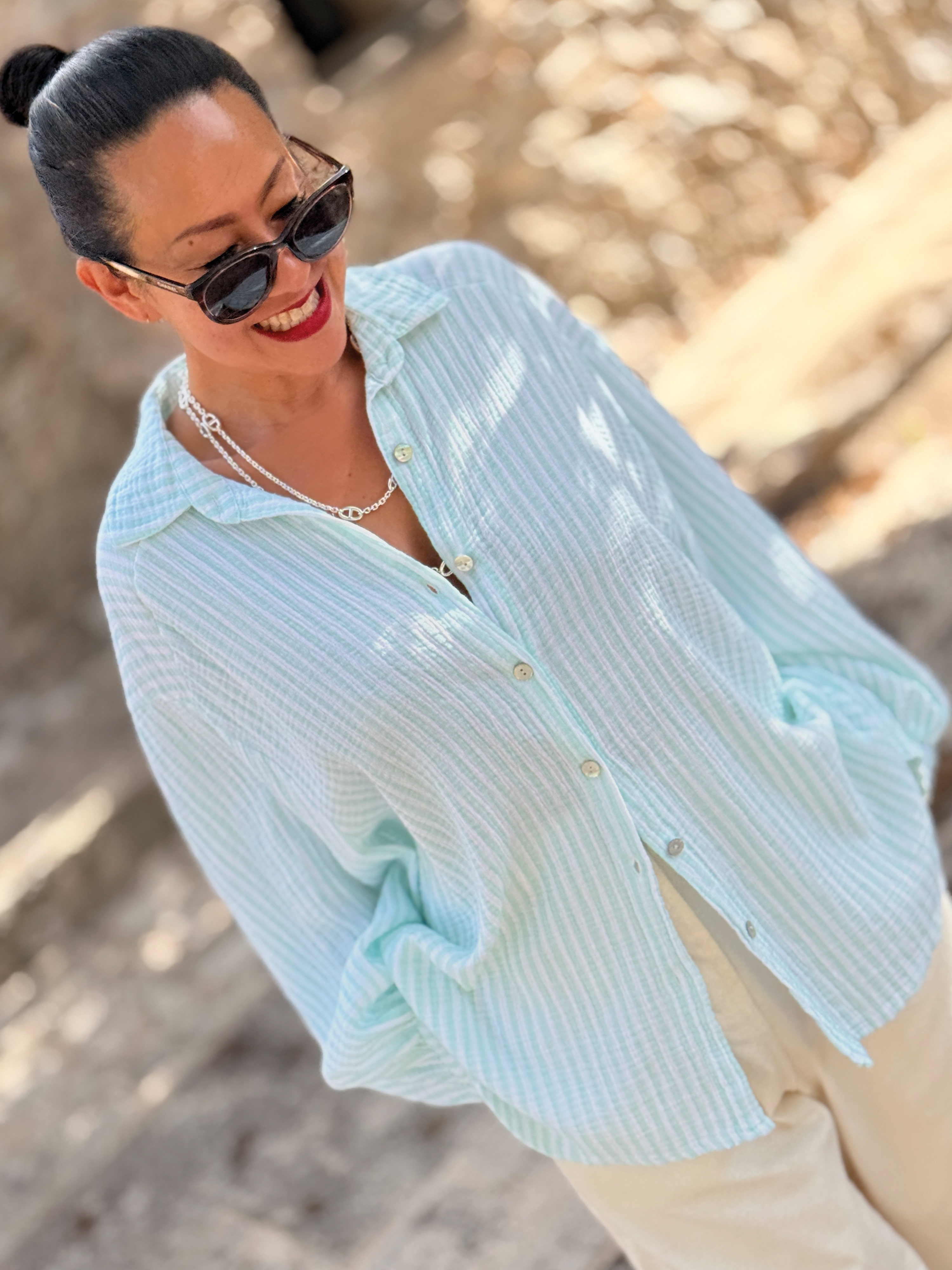 Musselin Midi Oversize Bluse - STRIPES - Mint/Weiss Musselin Midi Oversize Bluse - STRIPES - Mint/Weiss