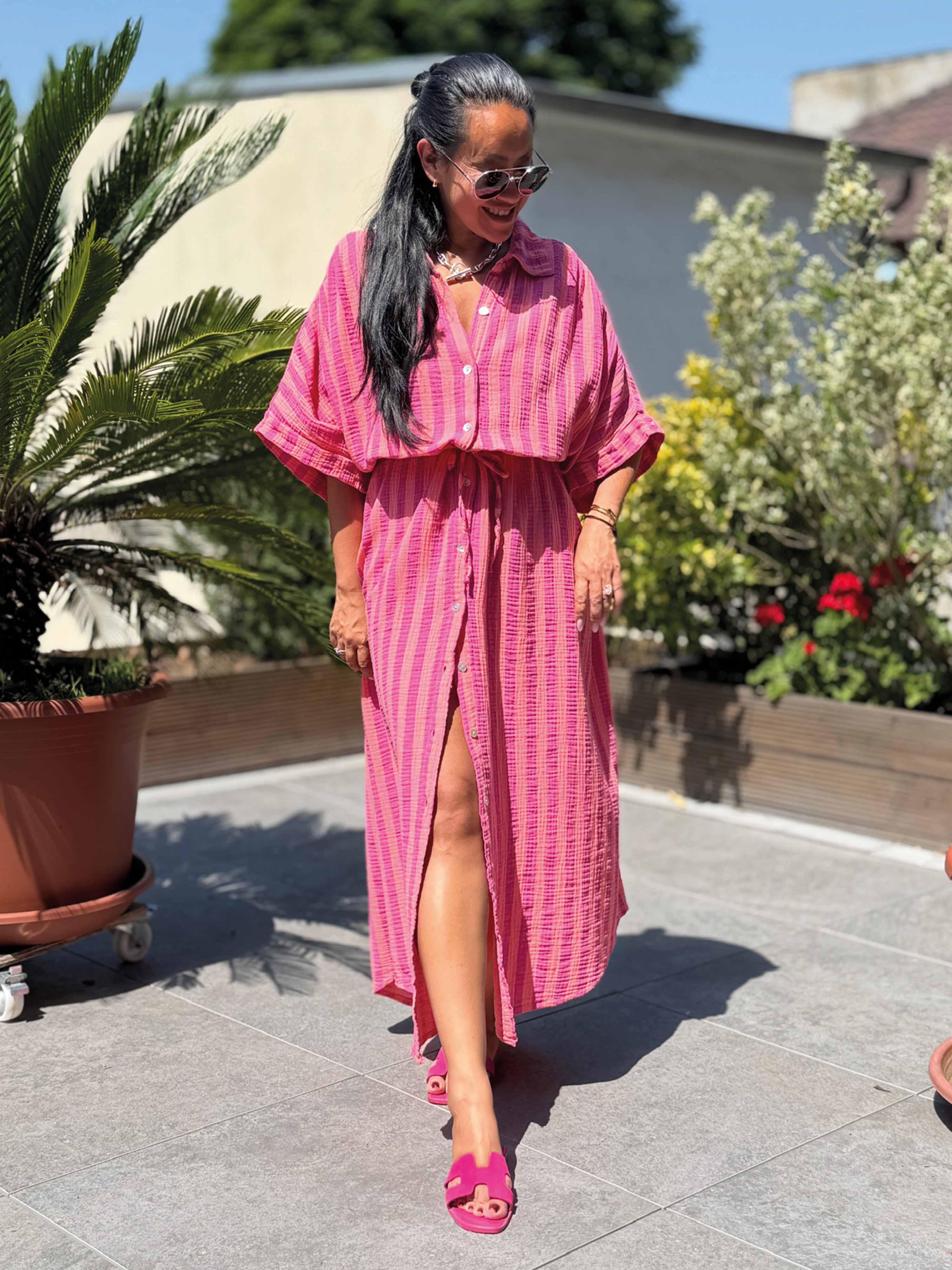 Musselin Oversize Kurzarm Blusenkleid - CAPRI - STRIPES Flamingo Kiss