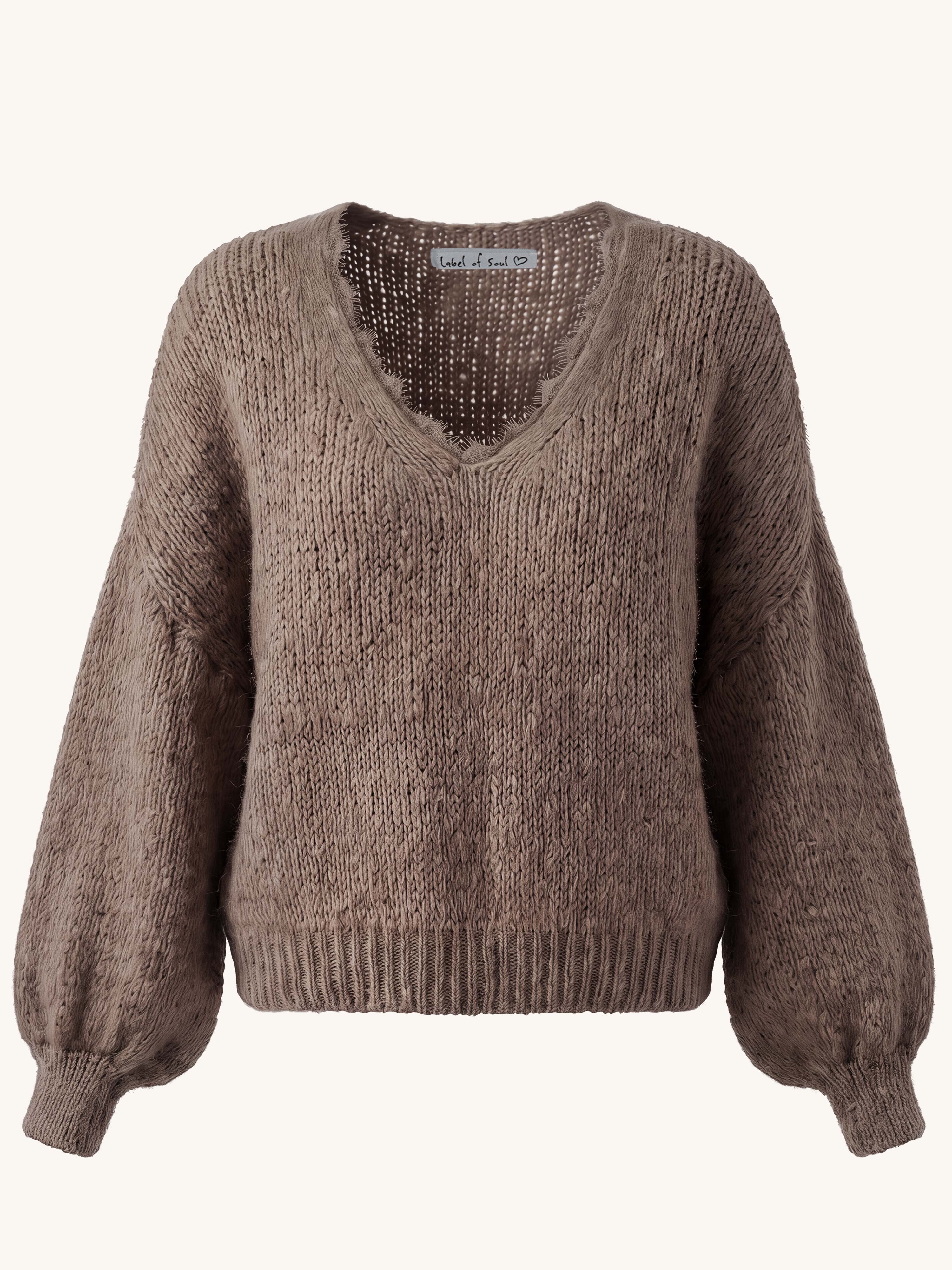 Oversize Strickpullover V-Ausschnitt mit Spitze - FLAUSCHI - Taupe