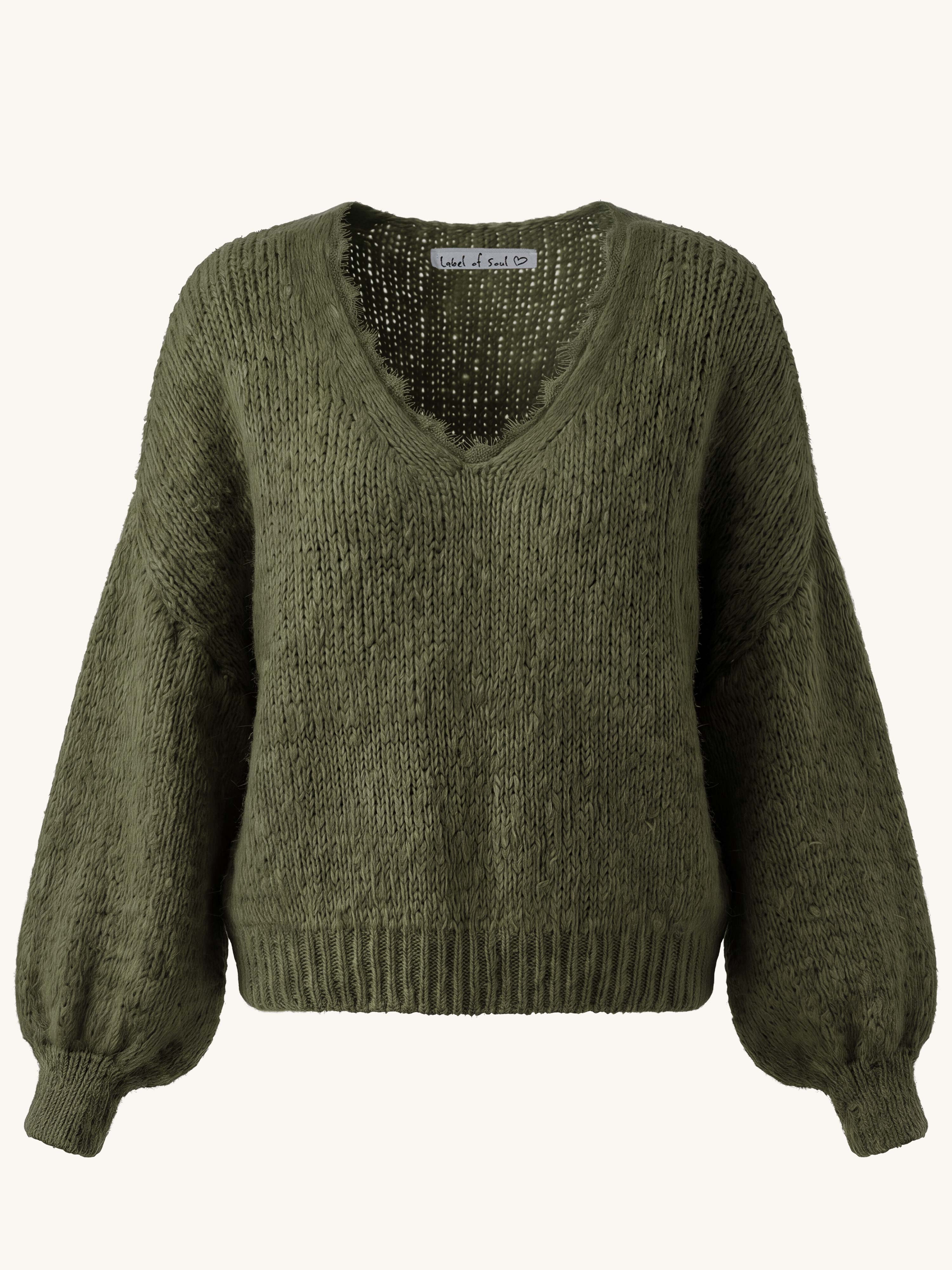 Oversize Strickpullover V-Ausschnitt mit Spitze - FLAUSCHI - Olive