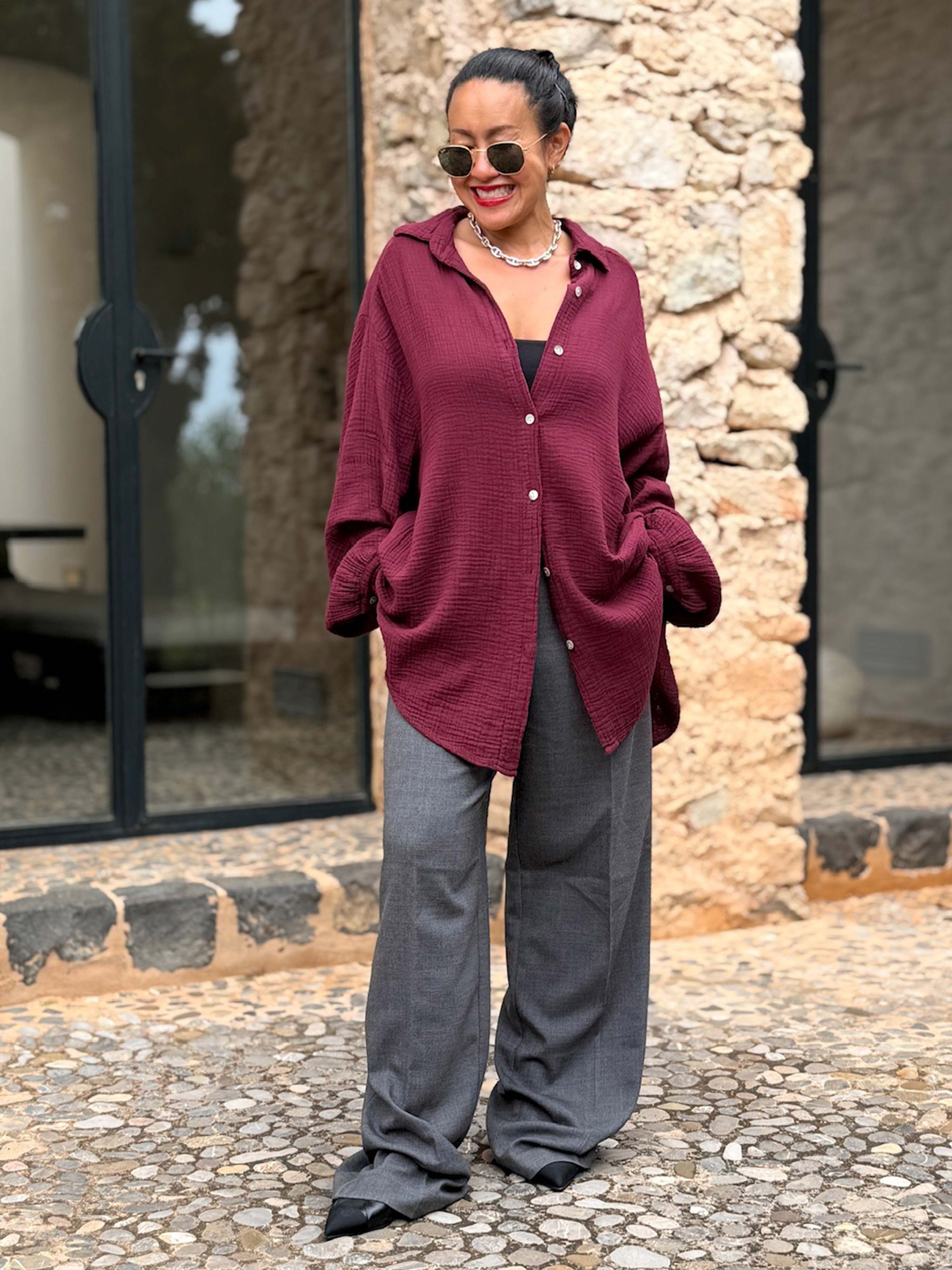 Musselin Midi Oversize Bluse - Burgundy Musselin Midi Oversize Bluse - Burgundy