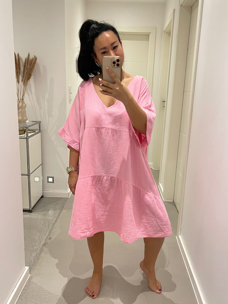 Musselin Tunika Midi mit V-Ausschnitt - Rosa